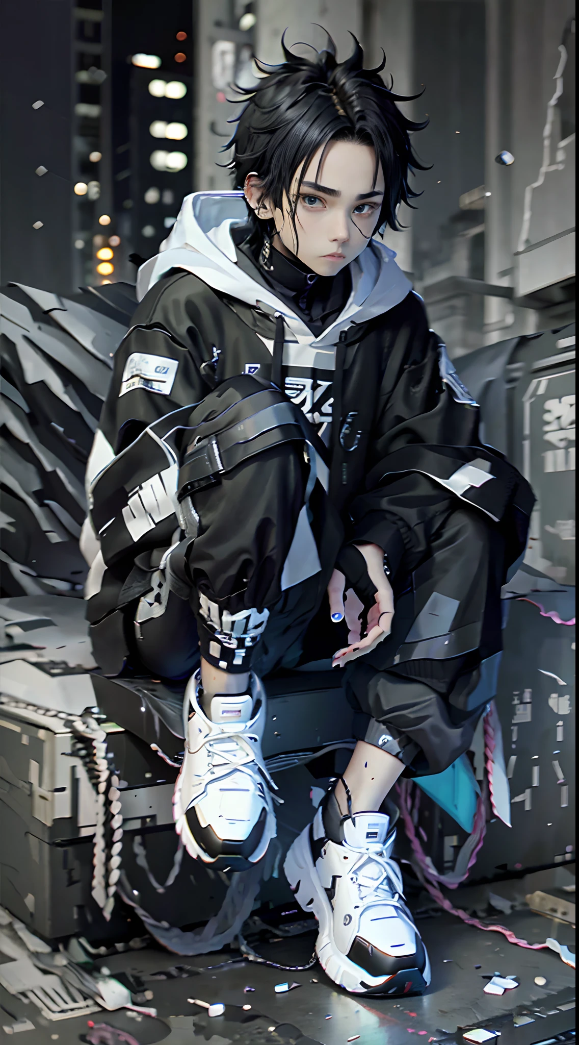 18 years old 1 boy, Solo, Black hoodie, black long pants, White shoes,street, White skin, Irregular sitting posture,Black eyes, Detailed face, Detailed eyes,