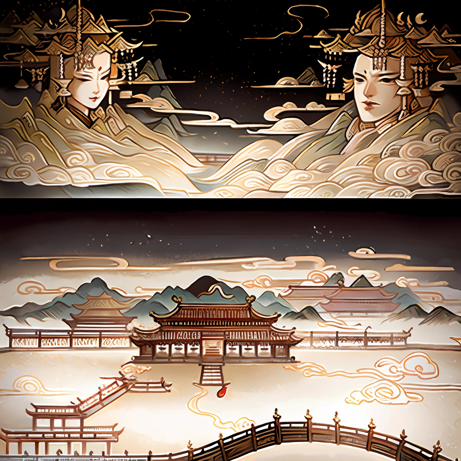 An ancient Chinese painting, ancient Chinese background, mountains, rivers, auspicious clouds, pavilions, sunshine, masterpieces, super detail, epic composition, ultra HD, high quality, extremely detailed, official art, unified 8k wallpaper, Super detail, 32k -- v 6