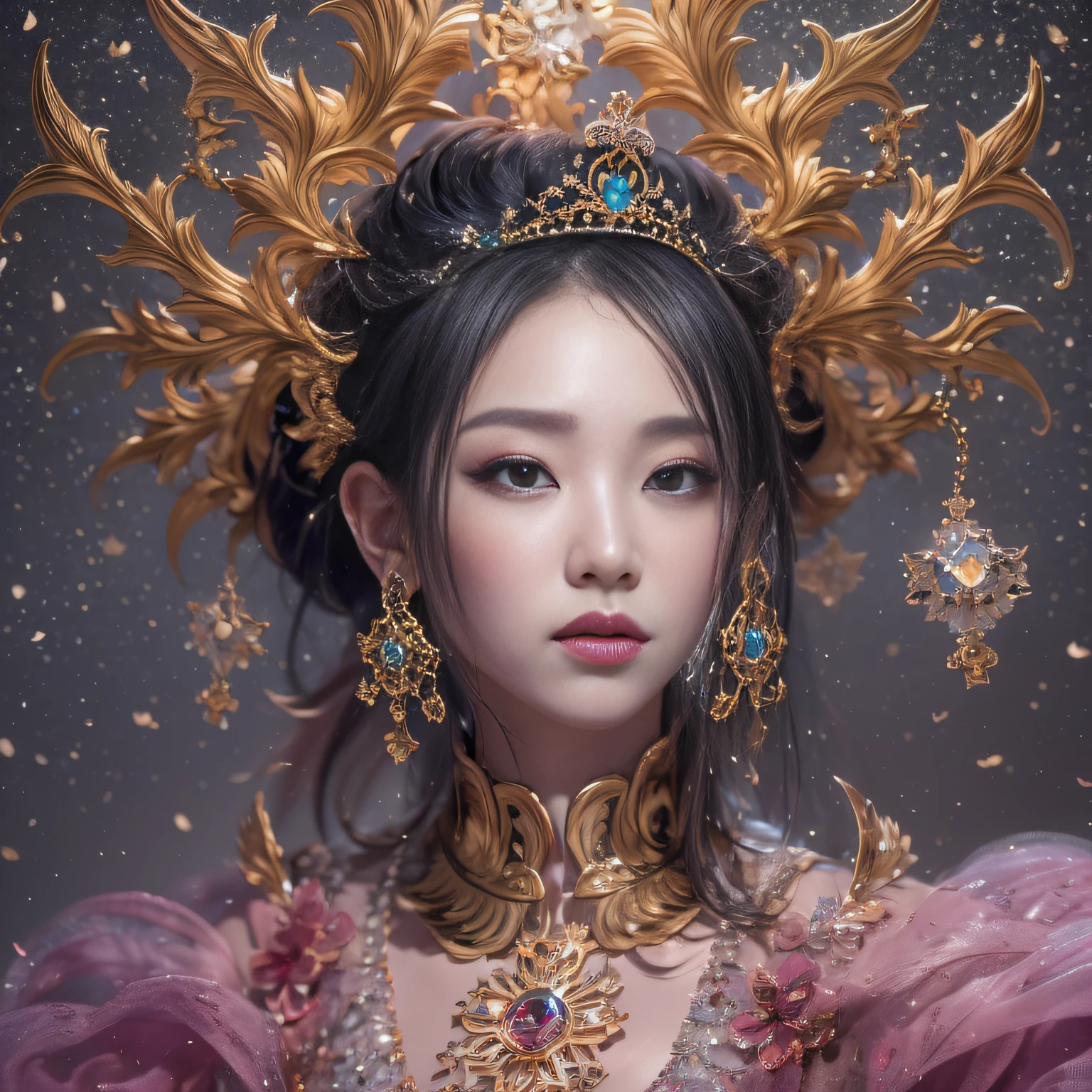 32K(tmasterpiece,k hd,hyper HD,32K)short detailed hair,Gold jewelry area in the back room,Flame Girl ,Yao Lang protector (realisticlying:1.4),Python pattern robe,Purple-pink tiara,Snowflakes fluttering,The background is pure,Hold your head high,Be proud,The nostrils look at people, A high resolution, the detail, RAW photogr, Sharp Re, Nikon D850 Film Stock Photo by Jefferies Lee 4 Kodak Portra 400 Camera F1.6 shots, Rich colors, ultra-realistic vivid textures, Dramatic lighting, Unreal Engine Art Station Trend, cinestir 800,Hold your head high,Be proud,The nostrils look at people