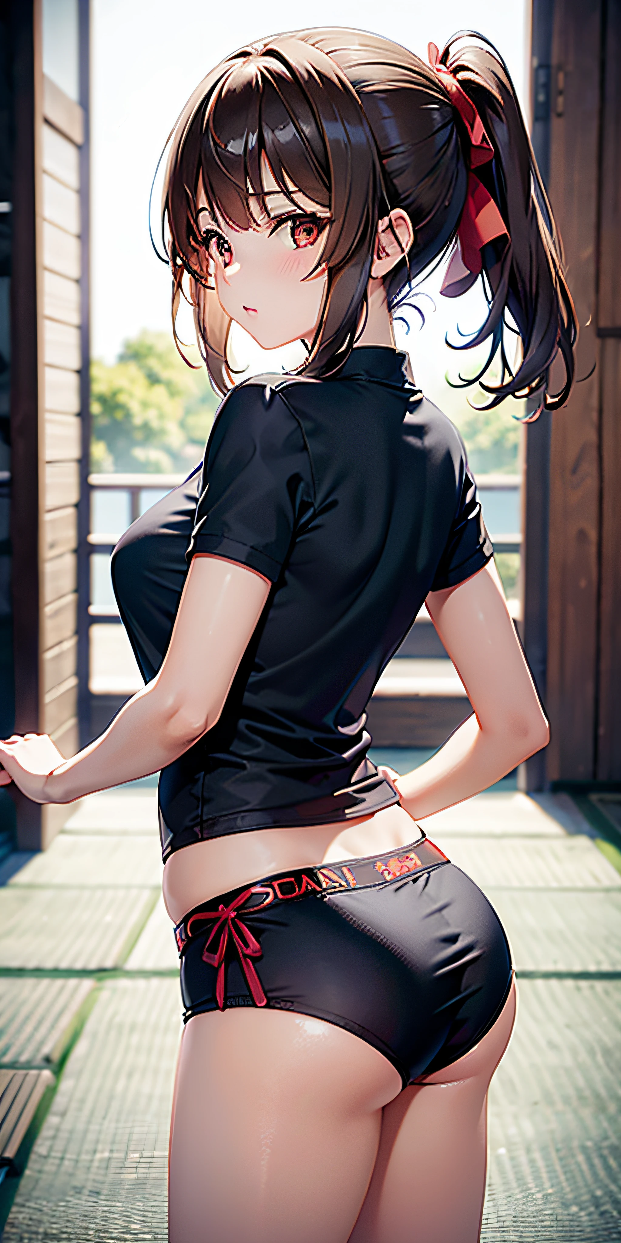 (anime, solo 1 mujer),  hiper detalles, todo el cuerpo espalda vista lejana, Sohara 3D Render Mitsuki is a 20-year-old anime woman with brown hair tied back with a red ribbon. Sus ojos son del mismo color que su cabello, (Ella lleva una camiseta blanca ajustada de micro tubo desabrochada), desvestida si acaso (mini tanga medio puesta),  mini Lycra azul claro ajustado, Sus medidas son: Altura: 158 cm, Peso: 49 kg 92 59 90. Dynamic back posture, cara coqueta, arte, Japanese-style wall background ,,Megumin, kono subarashii sekai ni shukufuku wo!,pandballgt, 1girl, ojos negros, cabello negro, pelo corto, orange neckerchief, pants, guantes sin dedos, camisa roja, Recortar arriba, girl woman
