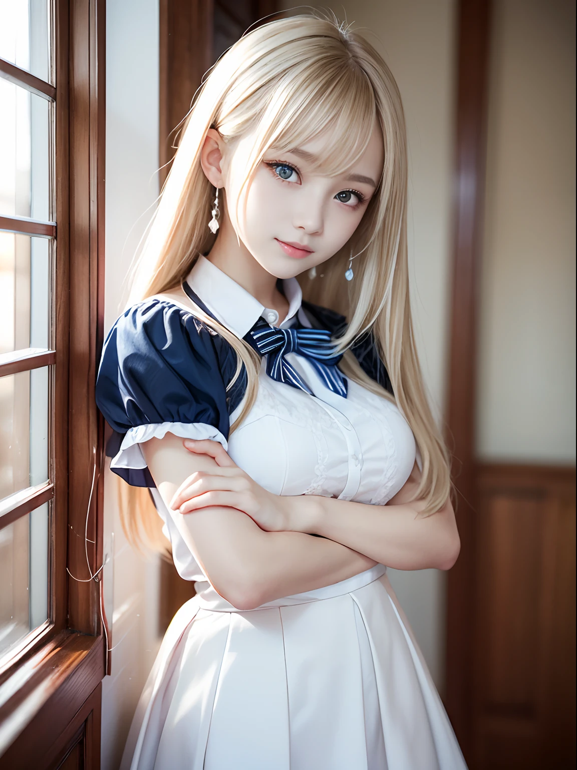 portlate、School Uniforms、bright expression、poneyTail、Young shiny shiny white shiny skin、Best Looks、Blonde reflected light、Platinum blonde hair with dazzling highlights、shiny light hair,、Super long silky straight hair、Beautiful bangs that shine、Glowing crystal clear attractive big blue eyes、Very beautiful nice cute 16 year old girl、Lush bust