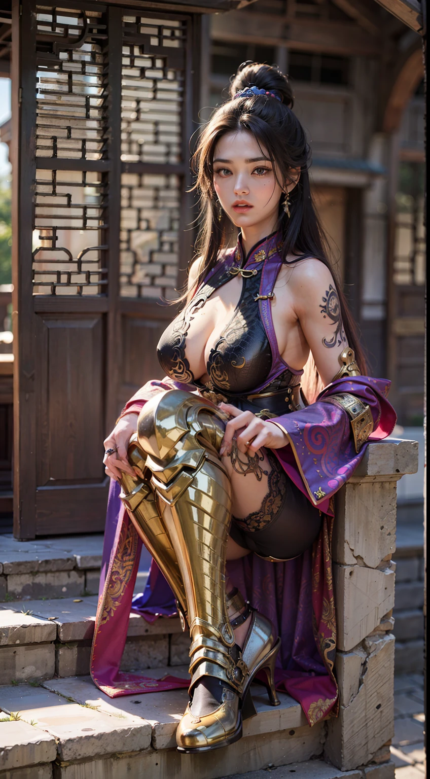 Ancient Chinese architecture，Female warriors in national style，Wear revealing armor，Simple clothing， Minimalist style，Mixed Chinese and American races，The background is blurred out，focal，Cowboy shot，电影灯光，(((tmasterpiece))), ((best qualtiy)), ((Complex and detailed)), ((ultra-realistic realism)), Ridiculous resolution, A MILF, Mature woman, ssee-through, highly  detailed, illustratio, 1girll, (mediuml breasts), Thin waist and thick hips，long leges，beatiful detailed eyes, short detailed hair, brunette color hair, a purple eye, blackstockings，lacy clothing，with faintly visible，Cool armor，The body proportions are perfect，（No underwear：1.2），detailed back ground, perfect  eyes, Seductive eye, （nice hand），Detail hands，looking at viewert，From the front，Wear light，juicy legs，deep v big breasts，Tattooed with