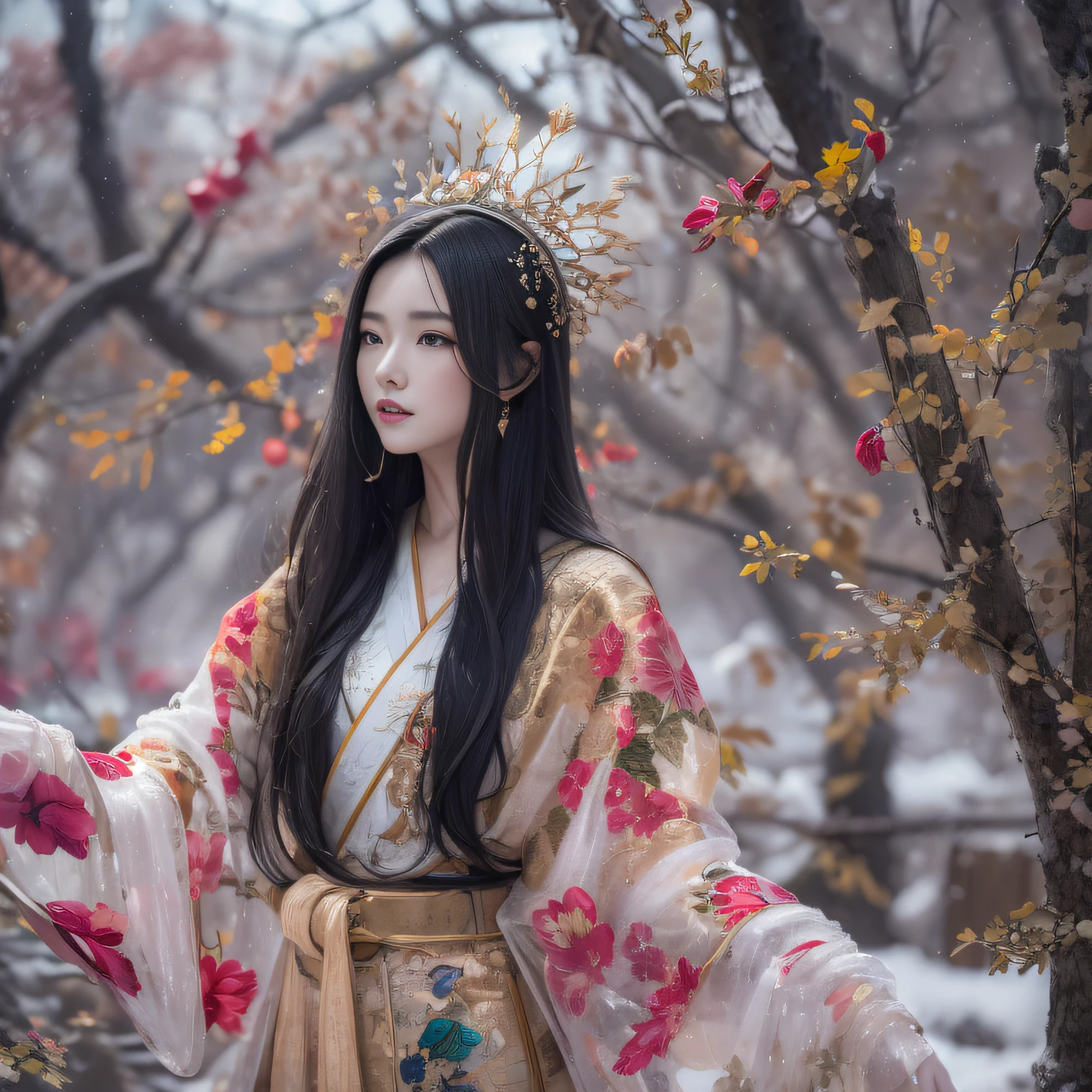 32K(tmasterpiece,k hd,hyper HD,16k)Long flowing black hair,Rockery,zydink, a color, Xuzhou people (Seduce girls), (Red scarf in the snow), jumping posture, looking at the ground, long whitr hair, Floating hair, Carp pattern headdress, Chinese long-sleeved silver battle robe, (Abstract gouache splash:1.2), Pink petal background,Tulips flying(realisticlying:1.4),Black color hair,Fallen leaves flutter,The background is pure, A high resolution, the detail, RAW photogr, Sharp Re, Nikon D850 Film Stock Photo by Jefferies Lee 4 Kodak Portra 400 Camera F1.6 shots, Rich colors, ultra-realistic vivid textures, Dramatic lighting, Unreal Engine Art Station Trend, cinestir 800,Long flowing black hair,Transparent robe clothing