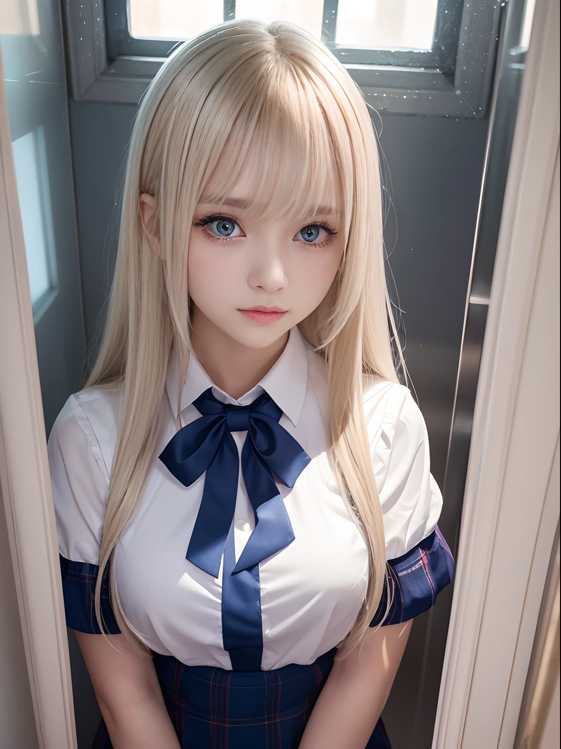 crystal clear big blue eyes、1 super long platinum blonde hair、Bangs between the eyes、Smooth ultra silky straight hair、Pink school uniform、shiny young white beautiful skin、Sexy and very beautiful good looks、Beautiful and cute face、The ultimate cute girl at 7 、