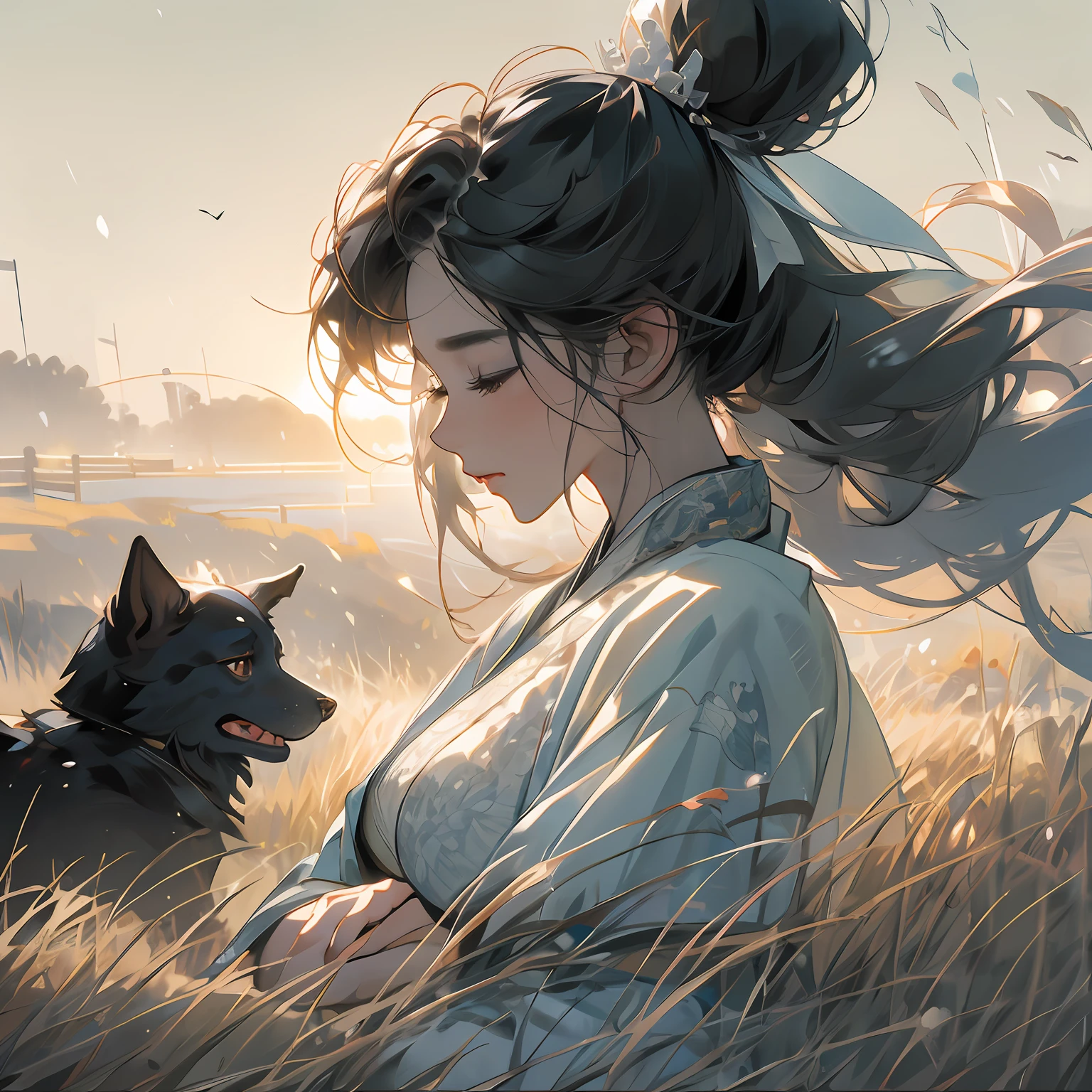 ((A woman lying on the grass，Pastoral dogs jumping on the side))，Gorgeous light gauze hanfu，Happy emoji，Separate bangs，Ponytail hairstyle，dynamic blur，Fog shrouded，Detailed representation，，Ray traching，Third Person View，ink wash style，8K