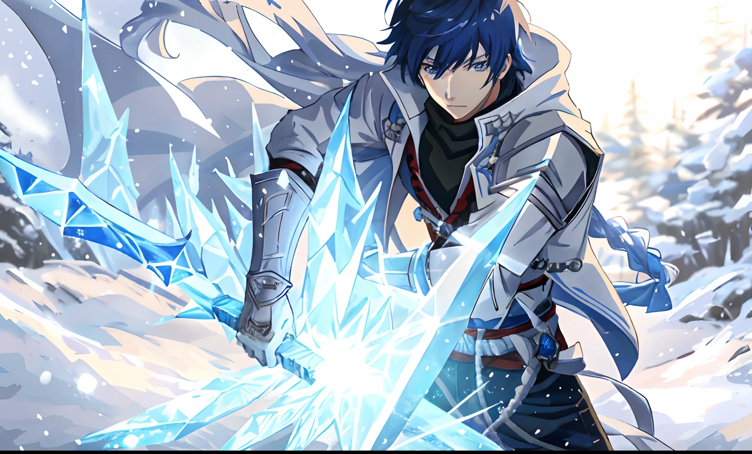 Anime image of a man with a sword in the snow, with ice powers, handsome guy in demon killer art, ice shards, Detailed key anime art, 4k manga wallpapers, Epic anime style, Makoto Shinkai ( apex legends ), From Arknights, Master of Ice, Keqing from Genshin Impact, anime wallaper, ice spell