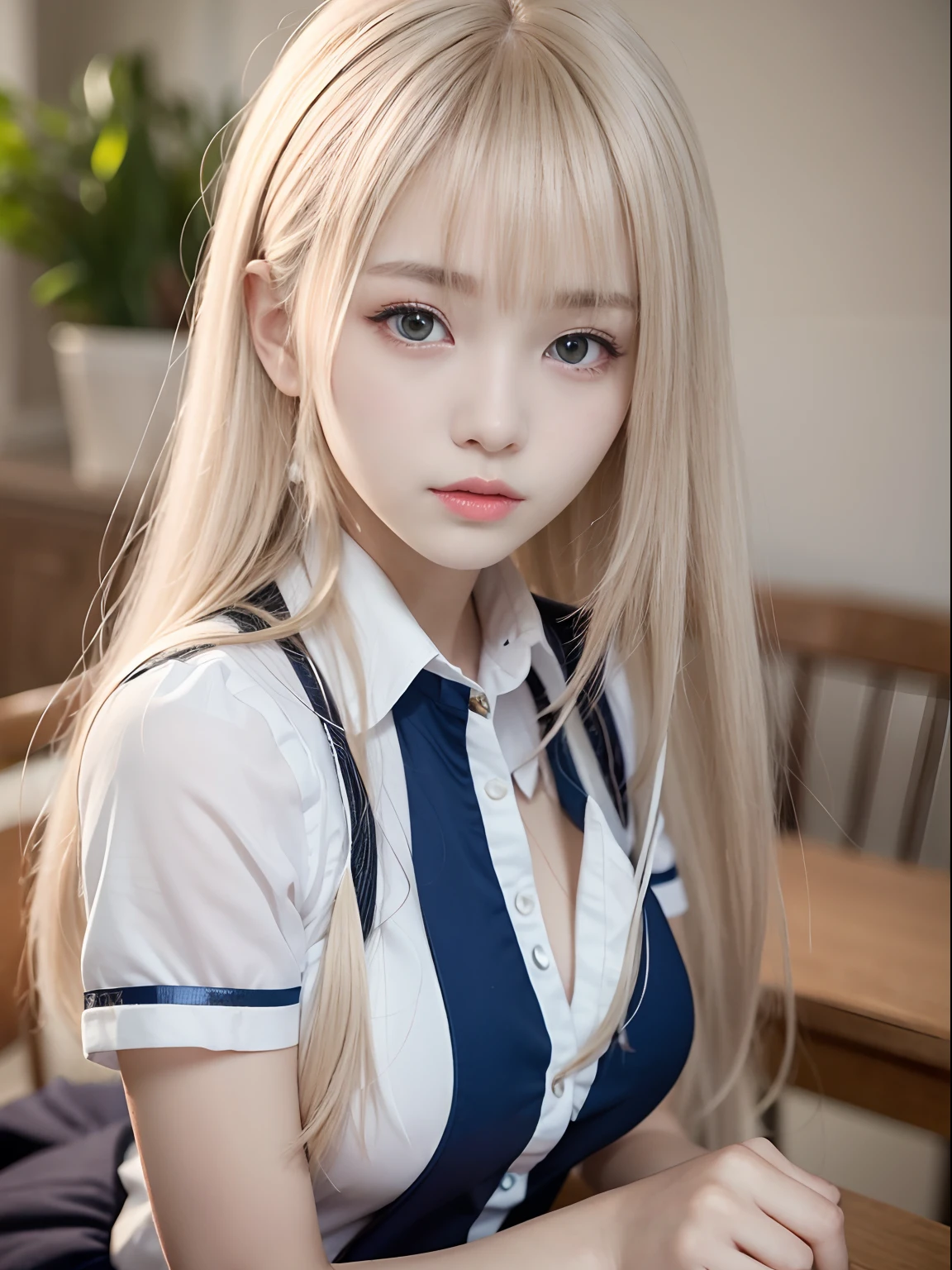 portlate、School Uniforms、bright expression、Young shiny shiny white shiny skin、Best Looks、Blonde reflected light、Platinum blonde hair with dazzling highlights、shiny light hair,、Super long silky straight hair、Beautiful bangs that shine、Glowing crystal clear attractive big blue eyes、Very beautiful nice cute 16 year old girl、Lush bust、