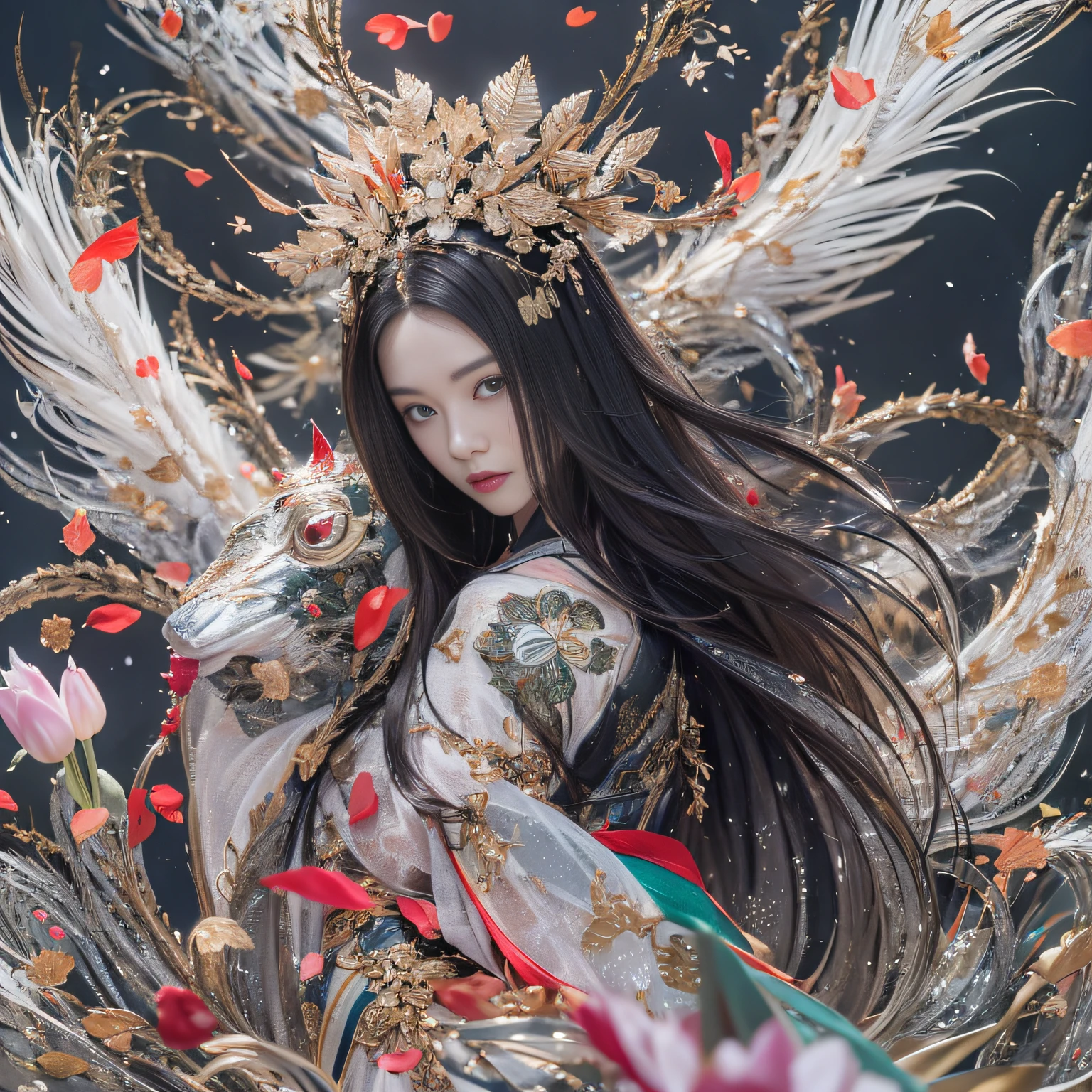 32K(tmasterpiece,k hd,hyper HD,32K)Long flowing black hair,Rockery,zydink, a color, Xuzhou people (Seduce girls), (Red scarf in the snow), jumping posture, looking at the ground, long whitr hair, Floating hair, Carp pattern headdress, Chinese long-sleeved silver battle robe, (Abstract gouache splash:1.2), Pink petal background,Tulips flying(realisticlying:1.4),Black color hair,Fallen leaves flutter,The background is pure, A high resolution, the detail, RAW photogr, Sharp Re, Nikon D850 Film Stock Photo by Jefferies Lee 4 Kodak Portra 400 Camera F1.6 shots, Rich colors, ultra-realistic vivid textures, Dramatic lighting, Unreal Engine Art Station Trend, cinestir 800,Long flowing black hair,Transparent robe clothing