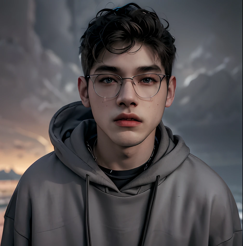 (masterpiece:1.2), (best quality:1.2), hyper realistic,highestres,absurdres,extremely detailed,volumetic,dramatic lighting,(frontal view),
20 year old boy,face,detailed eyes, dark grey hoodie, black t-shirt, with background ((sky))