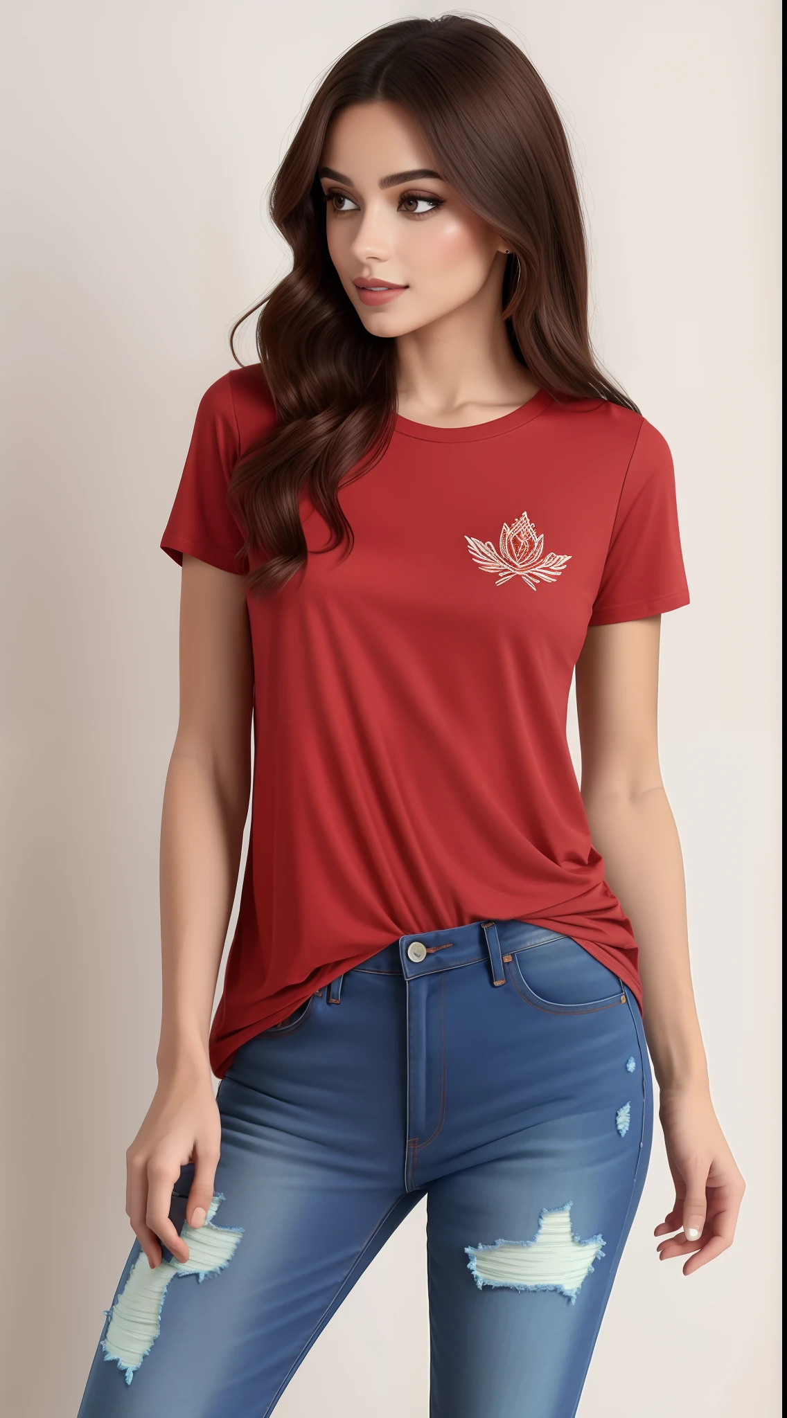 A gorgeous woman in a red shirt and ripped jeans posing for a photo, camiseta vermelha, camisa vermelha, with his hands in his pockets, mangas curtas, Hands in pockets, graphic tees, basic clothing, com dois bolsos frontais, quilombola mist, vermelho marrom, roupas casuais, jeans e camiseta, usando um top bonito, camisa vermelha elegante, camisa de malha, roupas carmesim