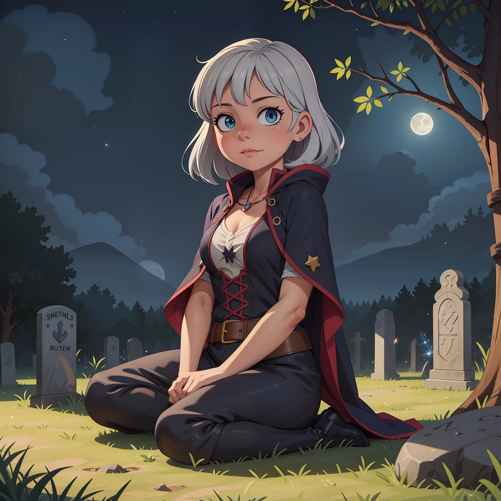 best quality, (masterpiece:1.1), 1girl, silver hair,  looking at viewer, cute, sitting, fantasy, RPG, witches outfit, cemetery, blue eyes, solo, night sky, moonlight, rock, grass, stars, fireflies