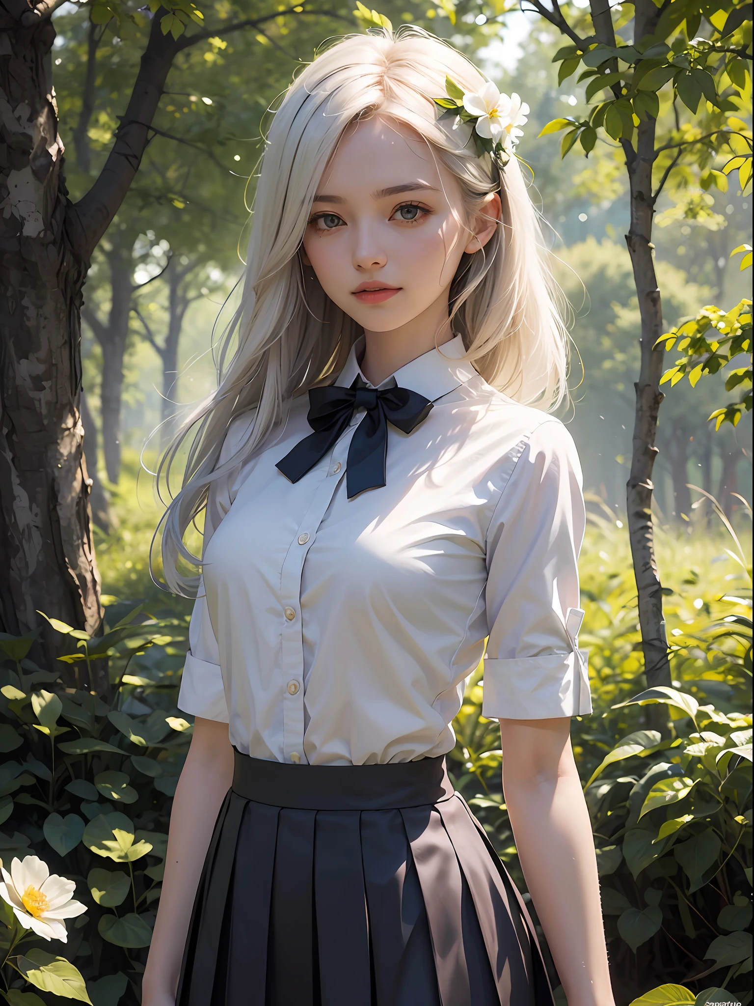 Unbeatable masterpiece, Ultra photo realsisim, Perfect artwork, Intricate details, Best quality, Strong light,High contrast, Masterpiece , Best quality , flower .(From_Side) , (Looking_away) ,(rip_Head) , (The upper part of the body_Body) , 1girll , Solo .Loli , Petite , White hair , (Very_Long hair) ,Red _Eyes are medium_Breasts .(Closed mouth) , light grin , Straight hair, (Glowing_Eyes) , (White_shirt) , (neck bowtie)(Transparent_Clothing) , Braid .(Pleated skirt) , wind lift , Hair_Lift ,(Spring) , (Hair_flower) , branches , (Leaves) ,Foreground flowers , (bushes) , tree , forest , Sunshine , Tyndall effect , ((Masterpiece)).(A high resolution) , (Best_quality) , (highly_Detailed) (Original) , (Delicate background) ,(Extremely detailed 8k wallpaper) Cinematic lighting , Volume lighting , light particules , shaded face ,Beautiful_Detailed_Eyes , Depth_Domain perspective
