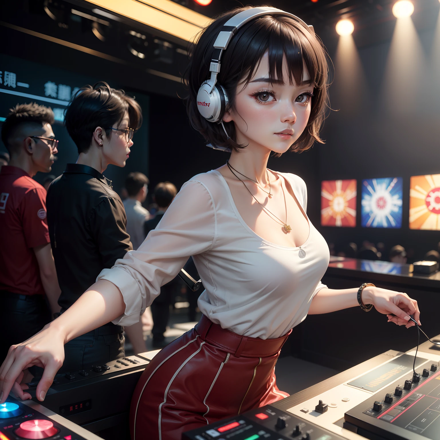Best quality, Masterpiece, 超高分辨率, (Fidelity :1.4), (b&Show on the:1.3), professional, Game texture， 1 girl, Disco bar, Girl wearing headphones,  full bodyesbian,Raised sexy, DJ player, DJ player, stage light, (buzz cut:1.1), ( cheerfulness, Dynamic, Deng Ziqi, Cool, necklace, View