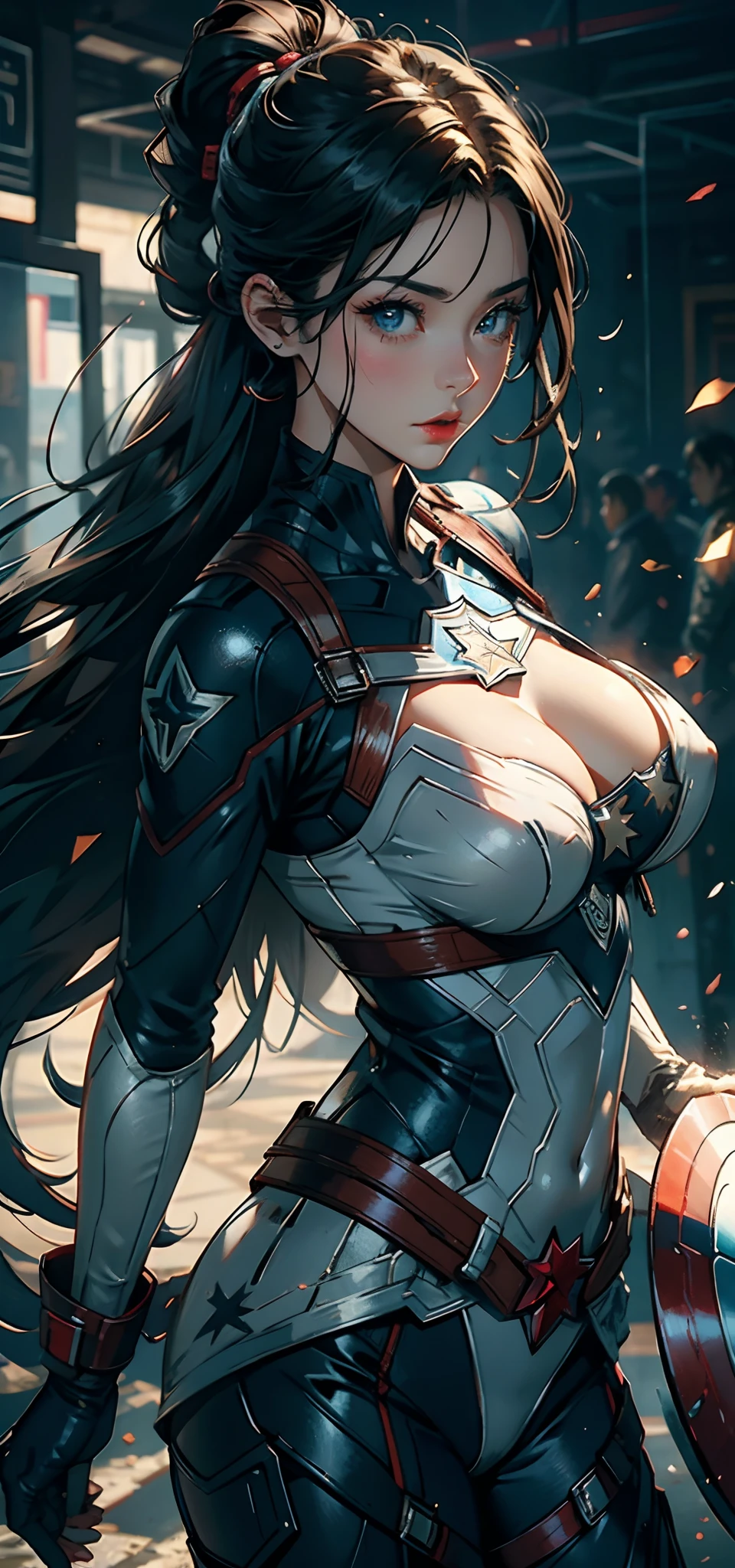 (tmasterpiece:1.4), (8K, realisticlying, RAW photos, best qualtiy: 1.4), (1girll), beauitful face, (photorealiscic face:1.4), (brunette color hair, ponytailed long hair:1.3), Beautiful hairstyle, beatiful detailed eyes, (best ratio eyes:1.5), Attractive, 超高分辨率, Ultra photo realsisim, highly detailed, Optimal proportions, (Detailed face:1.4), looking at viewert, Red lipstick, (best ratio fingers:1.5), (white super hero theme, Glamorous,Wearing a clear lingerie Captain America costume,she is a superhero),[((25 age old),full bodyesbian,(Realistic blue eyes:1.2),# illustrated:The Prompt mainly describes a 4K painting of ultra-high definition,Very realistic,The is very detailed,The heroine has long black hair,(no brassiere:1.4),vivaciousness_Nipples,((exposed_Nipples,Naked of breast,huge tit,(Open-mouthed:1.4),(camel_Toe_Pussy:1.3)nakeness,captain america