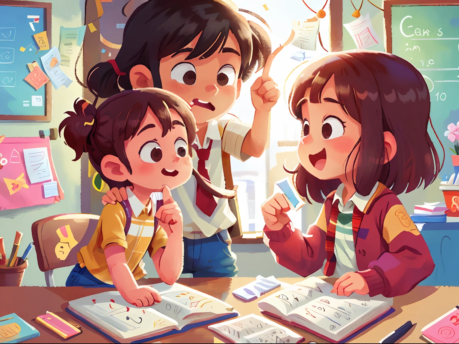 in class room,Teacher and student interaction,The student holds out his finger,The teacher grabs the student's finger with one hand,In the other hand he holds a small blank card,Both were happy