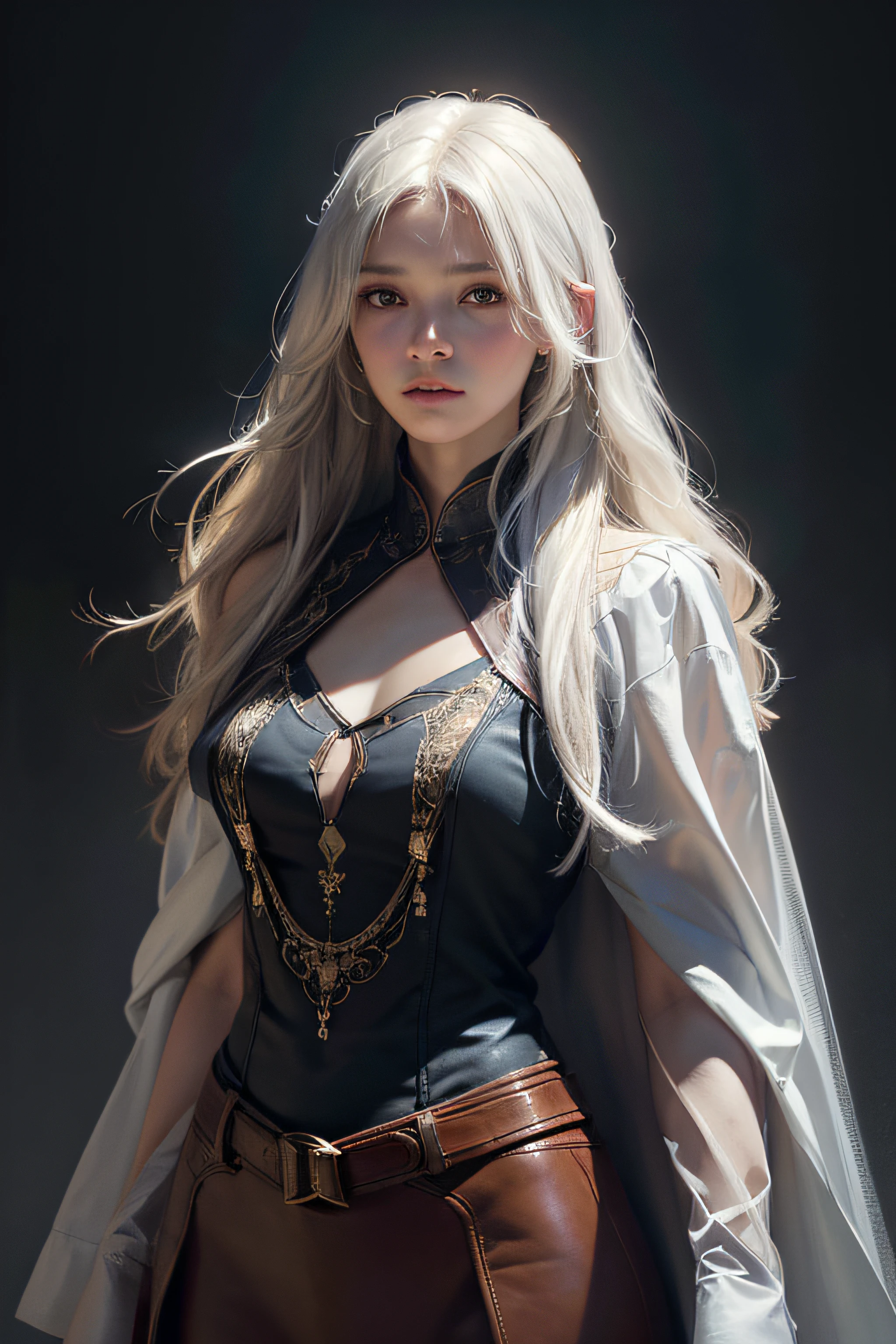 Hyperrealist portrait of female by david hockney and alphonse mucha,fantasy art, photo realistic, dynamic lighting, artstation, poster, volumetric lighting, very detailed faces, 4 k, award winning,, 1girl, in the dark, deep shadow, low key,cowboy shot,(official clothing:1.4) ,long hair,white hair,