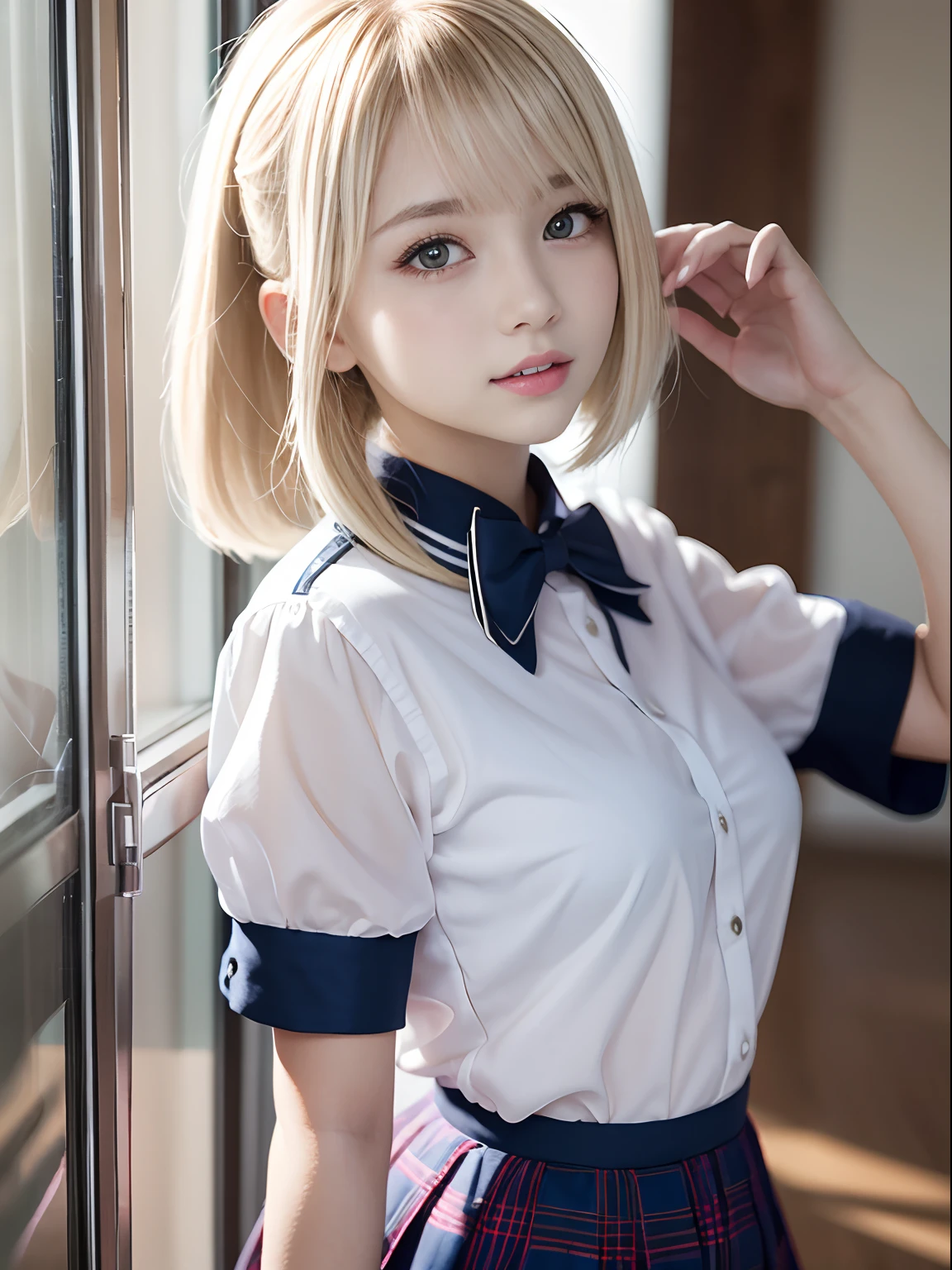 portlate、School Uniforms、bright expression、poneyTail、Young shiny shiny white shiny skin、Best Looks、Blonde reflected light、Platinum blonde hair with dazzling highlights、shiny light hair,、Super long silky straight hair、Beautiful bangs that shine、Glowing crystal clear attractive big blue eyes、Very beautiful nice cute 16 year old girl、Lush bust