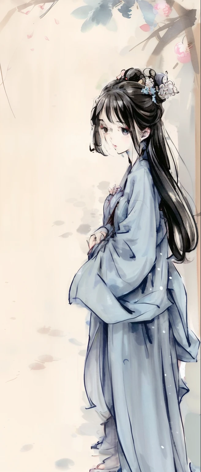 ((4k,masterpiece,best quality)), shuimobysim, traditional chinese ink painting, lotus, hanfu, maxiskit, dress conservatively
1girl, solo, long blue hair, smile, standing, feet in the water, barefoot,