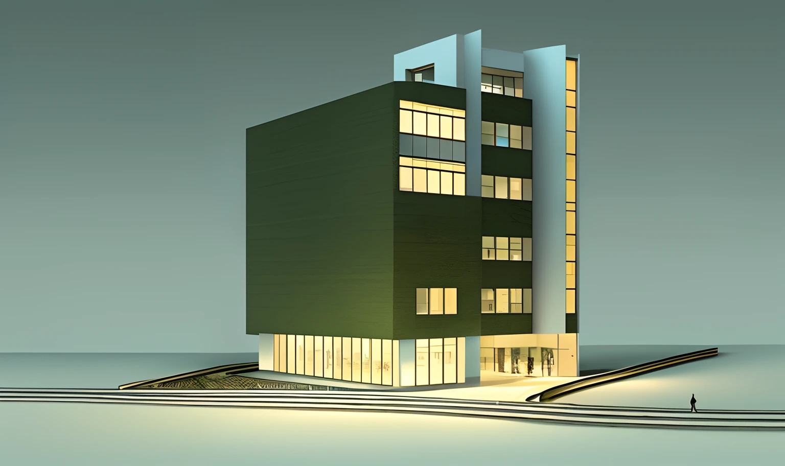Modern style office building,Ground floor shopping street,Standing on two streets,The crowd at the bottom is lively,full of lights,High-rise buildings rise in the background,The middle view has a tree landscape,Very nice looking building