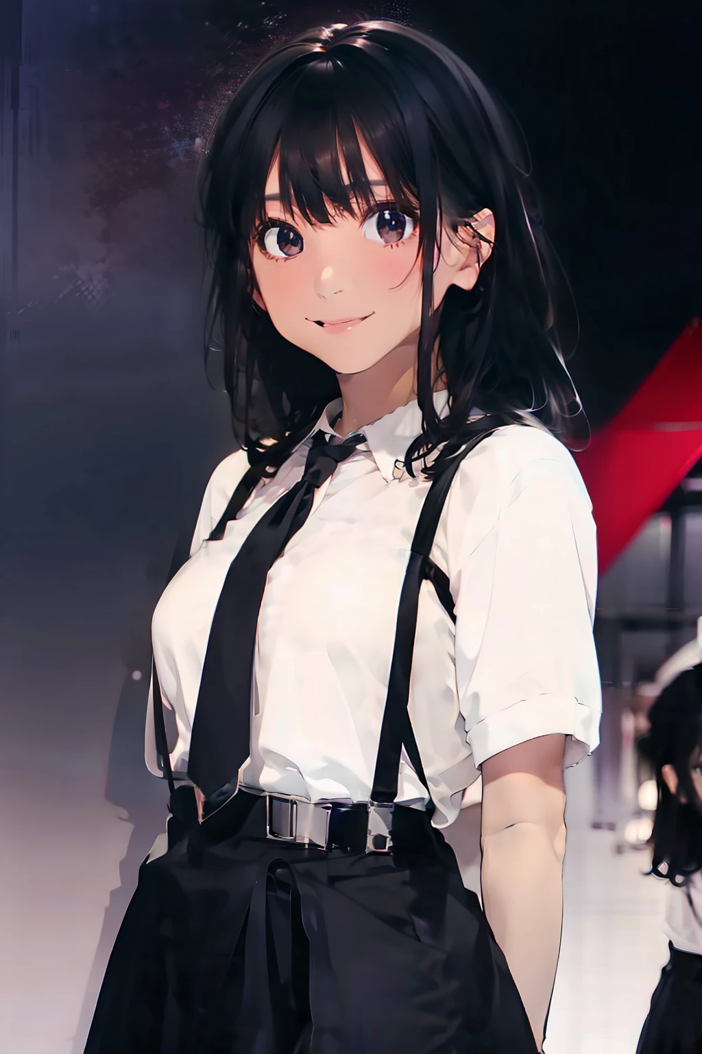 a black skirt, neck tie, Cutter shirt　suspenders, Long Black Hair, Gray eyes, holster, Garter belt on the legs, hands above your head, huge tit , Pichi Pichi clothes, both sides　Dark look　Behind