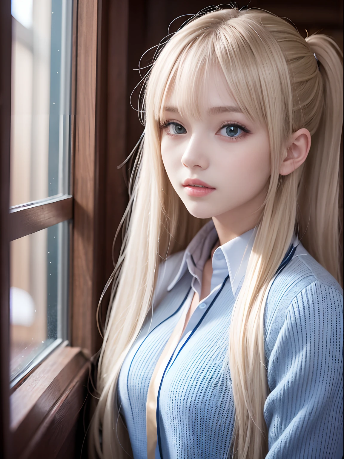 portlate、School Uniforms、bright expression、poneyTail、Young shiny shiny white shiny skin、Best Looks、Blonde reflected light、Platinum blonde hair with dazzling highlights、shiny light hair,、Super long silky straight hair、Beautiful bangs that shine、Glowing crystal clear attractive big blue eyes、Very beautiful nice cute 16 year old girl、Lush bust
