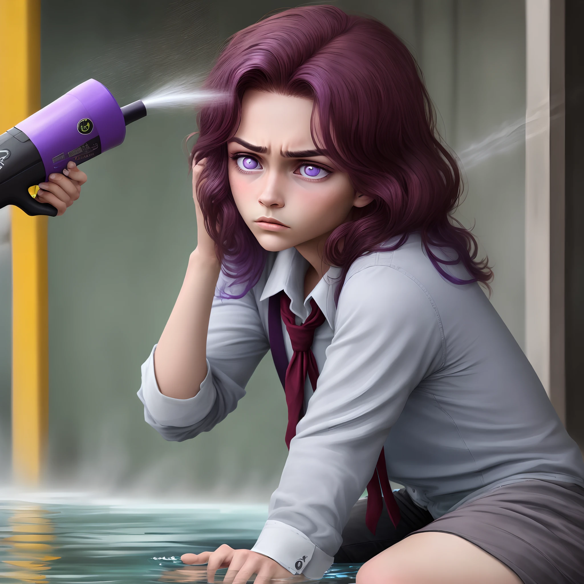 schoolboy,Burgundy hair,Purple pupils,Sexual organics,fondling,roll eyes,water spray