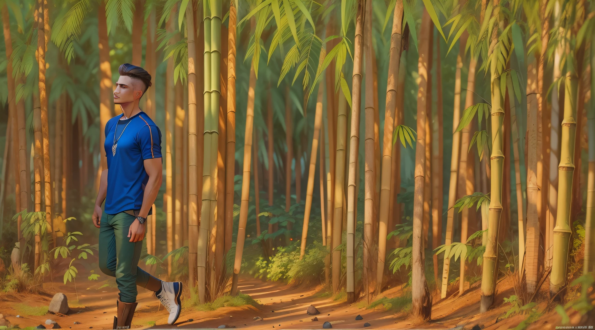 Image of a young man with Western-looking features, cabelos pretos curtos e liso, with simple and contemporary clothes, Entrada por uma trilha em um bambuzal imponente, dense with green and yellowish colors and in the center of this bamboo a trail of ground, cores marcantes, ju, detalhista, 16k, Cinema 4D, realista.
