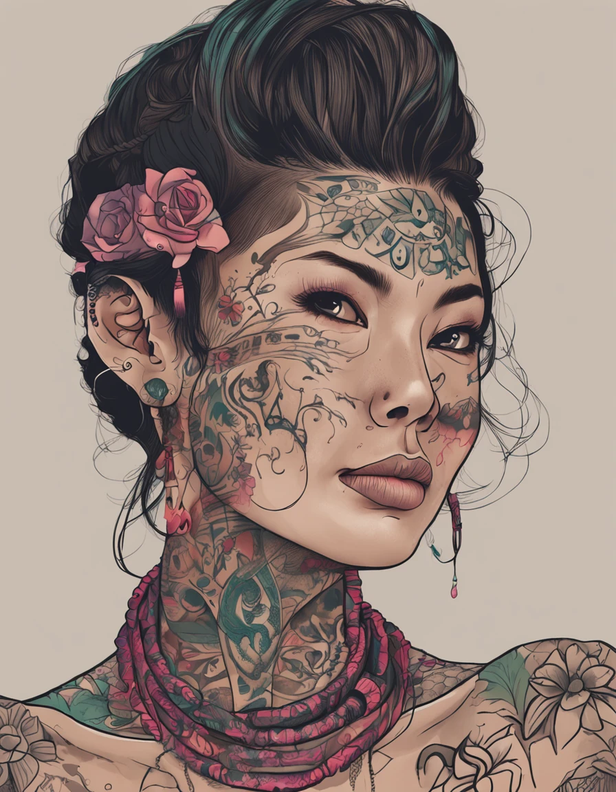 A portrait of a Japanese girl, with a lots of tatoos, neck tatoos, face tatoos