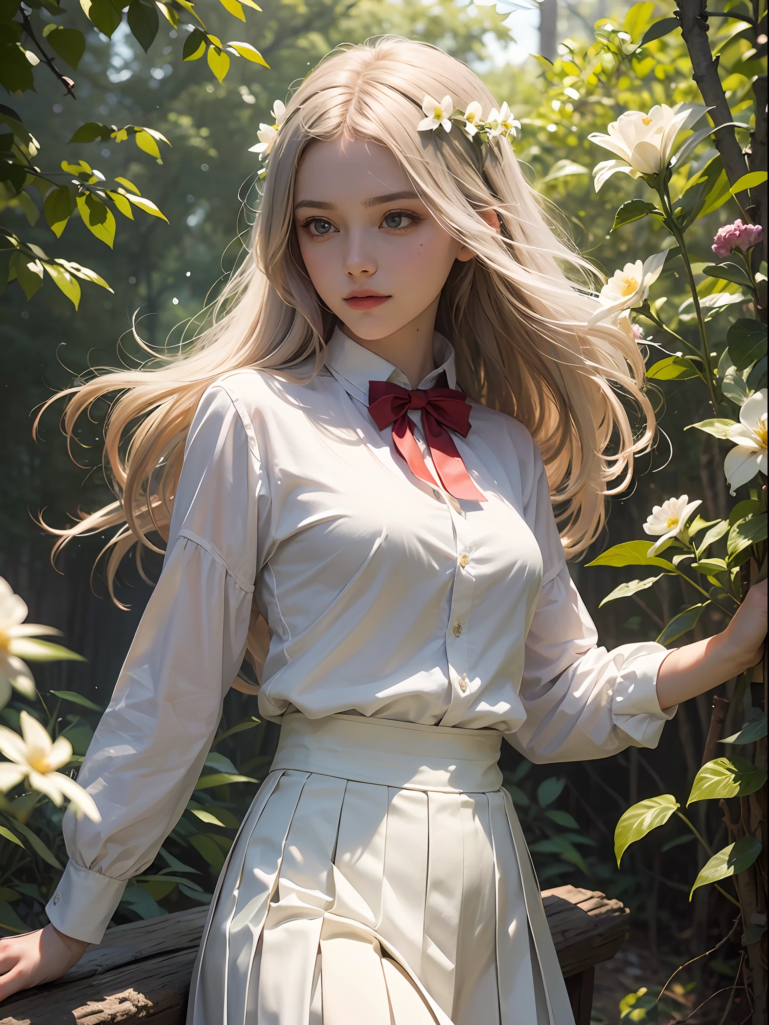 Unbeatable masterpiece, Ultra photo realsisim, Perfect artwork, Intricate details, Best quality, Strong light,High contrast, Masterpiece , Best quality , flower .(From_Side) , (Looking_away) ,(rip_Head) , (The upper part of the body_Body) , 1girll , Solo .Loli , Petite , White hair , (Very_Long hair) ,Red _Eyes are medium_Breasts .(Closed mouth) , light grin , Straight hair, (Glowing_Eyes) , (White_shirt) , (neck bowtie)(Transparent_Clothing) , Braid .(Pleated skirt) , wind lift , Hair_Lift ,(Spring) , (Hair_flower) , branches , (Leaves) ,Foreground flowers , (bushes) , tree , forest , Sunshine , Tyndall effect , ((Masterpiece)).(A high resolution) , (Best_quality) , (highly_Detailed) (Original) , (Delicate background) ,(Extremely detailed 8k wallpaper) Cinematic lighting , Volume lighting , light particules , shaded face ,Beautiful_Detailed_Eyes , Depth_Domain perspective