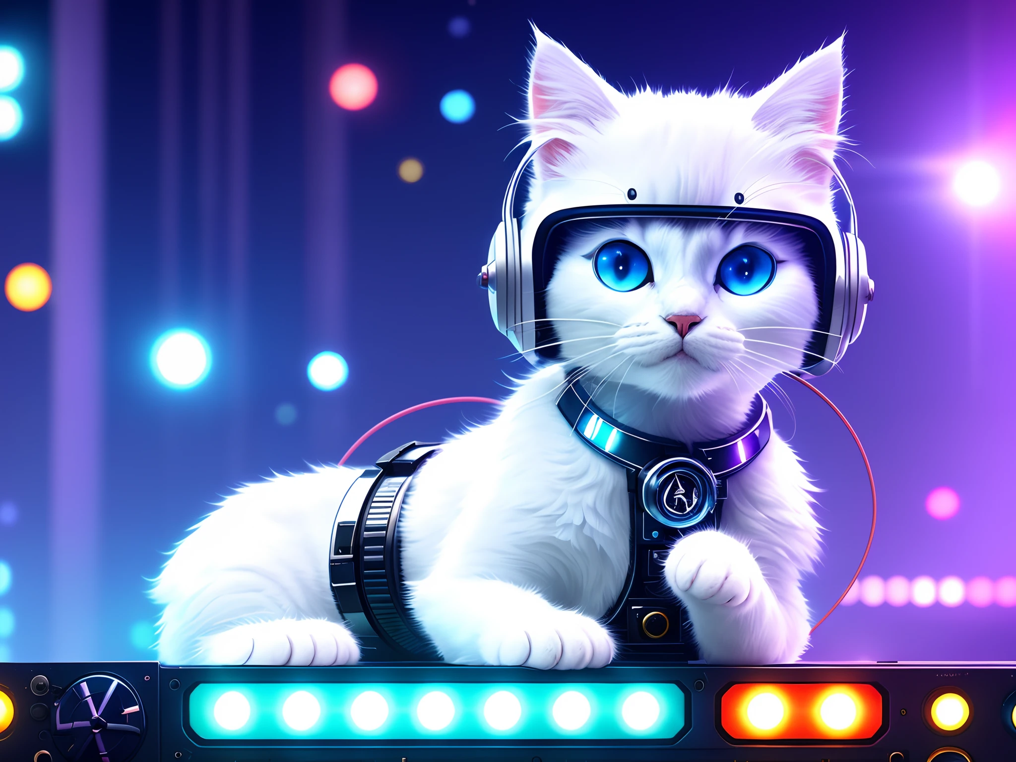 There is a white cat with headphones and a helmet, cyberpunk cat, Space cat, lovely digital painting, adorable digital art, Cute detailed digital art, robotic cat, astronaut cat, Cybercat, furry digital art, Cat in space, anime cat, Furry art, background artwork, furry artist, cyborg kitten, awesome cat, cats party, cute 3 d render, cyborg cat