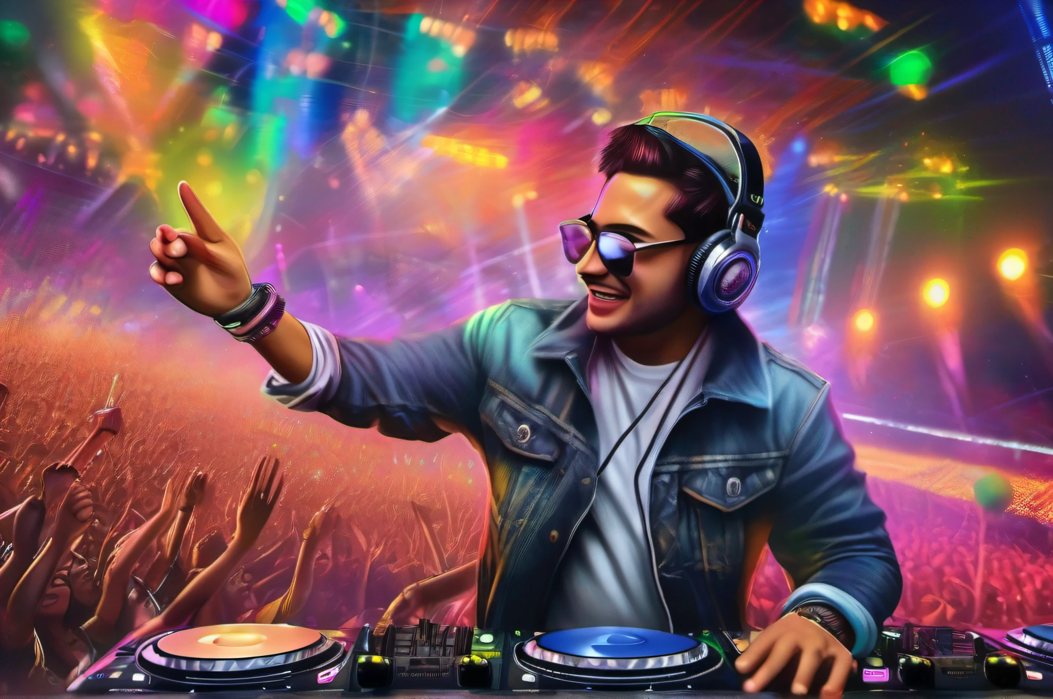 (best quality)), ((super detailed)), ((masterpiece)), photo,(DJ with headphones and microphone:1.4), performing at a vibrant (music festival:1.2) with (energetic crowd:1.1) and (colorful stage lights:1.1).