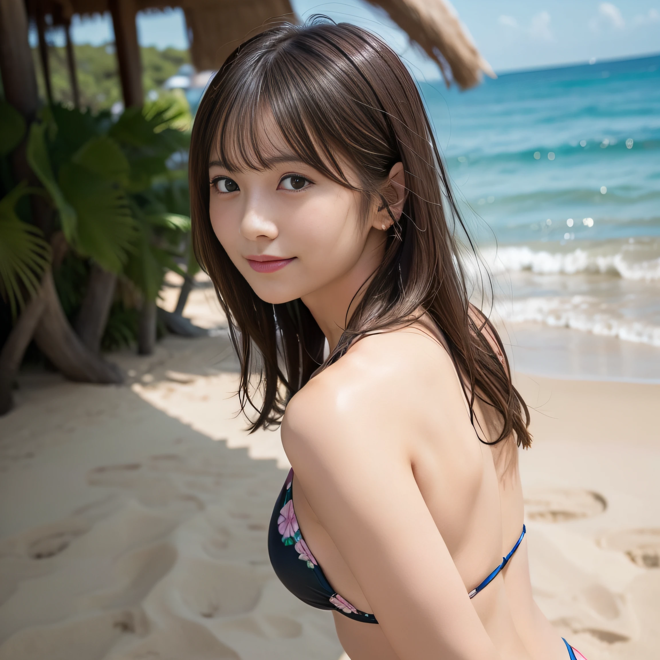 in 8K,Best Quality:1.4, 超A high resolution:1.5, (Photorealistic:1.4),​masterpiece:1.2,(top-quality:1.4)、 Raw photo、 (From the knee up:1.4, From Side:0.7), (the background is blurred), sea side, sand beach, 1日本人の女の子, Cute, (Solo:1.4), (Shy smile), Smooth skin、Floral Bikini:1.3、 (Brown medium hair,Bangs), (touch hair:1.4),nogizaka,Cute swimsuit,Supple fingertips,Beautiful black eyes、natural skin textures:1.3, realistic eyes and face details:1.7、middlebreasts、Back shot:1.2、the setting sun、Gravure Pose：1.1、Toned buttocks:1.5、Hands behind the head、gazing at viewer