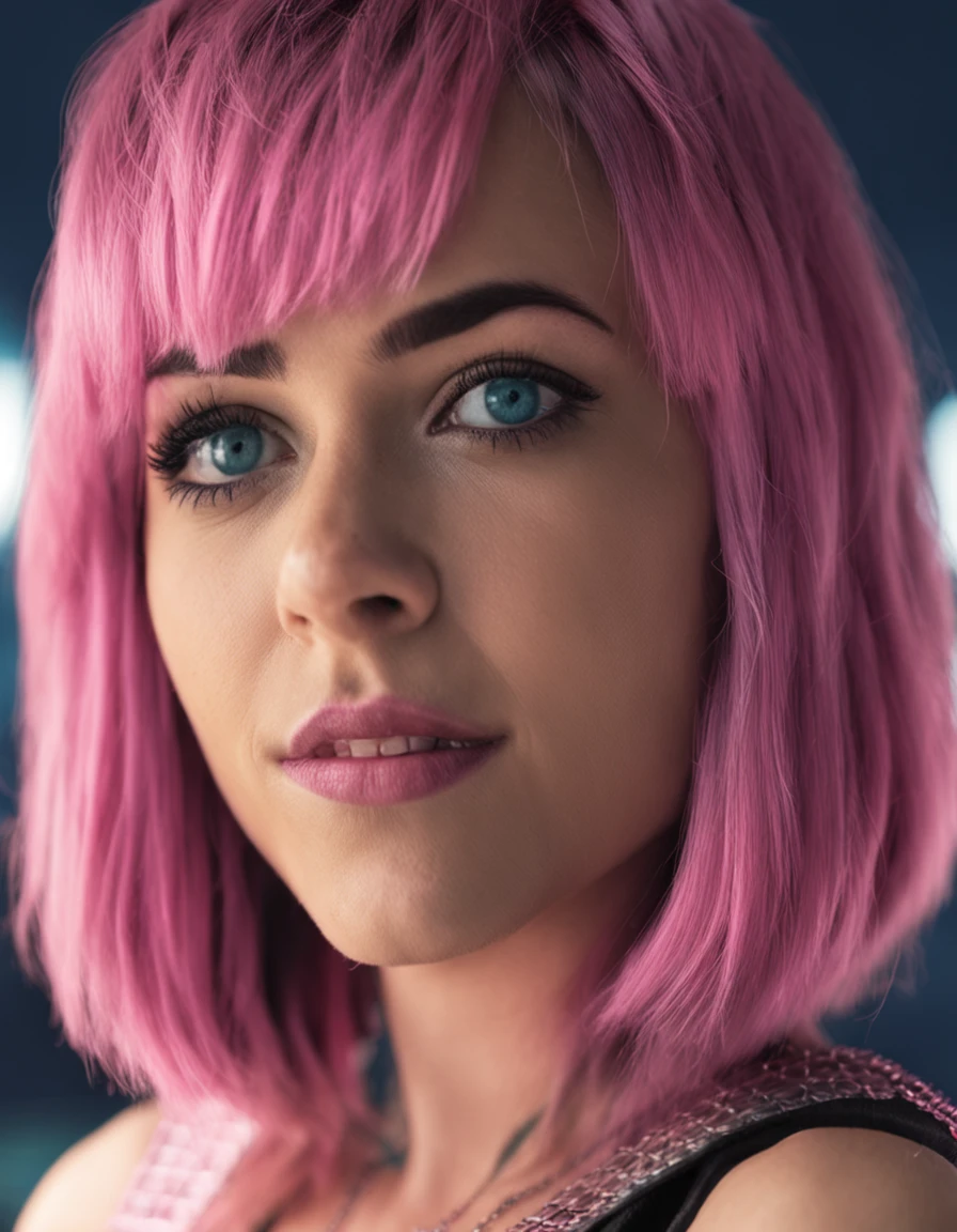 Photography, A portrait of a beautiful young girl, blue eyes, short hair, (neck tatoos), pink hair, wearing a ((beanie hat)) , wearing a crop jacket, wearing a black k shirt, close up, masterpiece, best quality