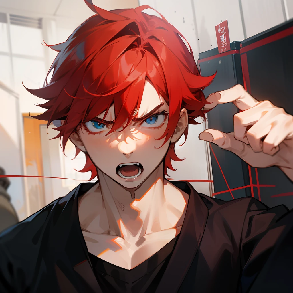 1boy, red hair, black shirt, red eyes, watch, messy hair, 8k resolution, gaming room, fierce, delicate facial features, cold, murderous, angry, neon, light effect, looking spectator