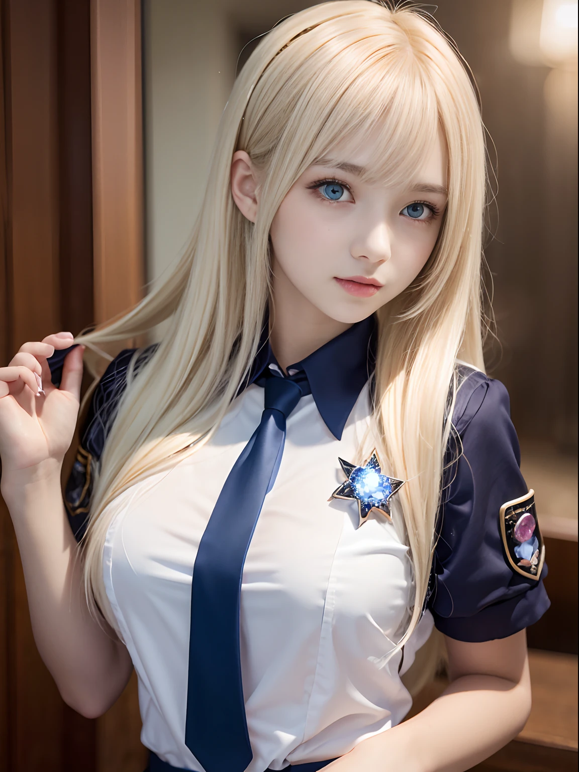 portlate、School Uniforms、bright expression、poneyTail、Young shiny shiny white shiny skin、Best Looks、Blonde reflected light、Platinum blonde hair with dazzling highlights、shiny light hair,、Super long silky straight hair、Beautiful bangs that shine、Glowing crystal clear attractive big blue eyes、Very beautiful nice cute 16 year old girl、Lush bust