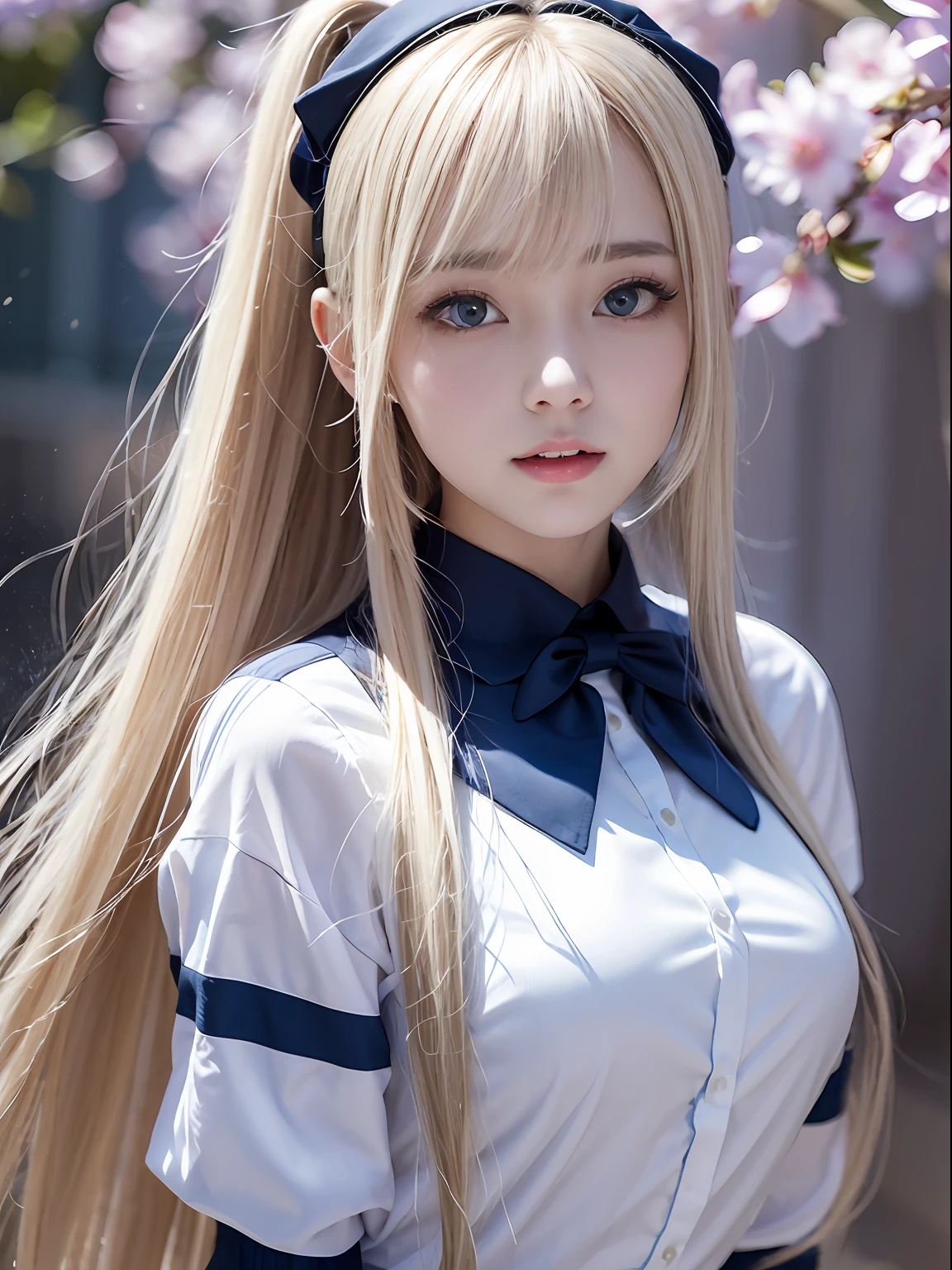 portlate、School Uniforms、bright expression、poneyTail、Young shiny shiny white shiny skin、Best Looks、Blonde reflected light、Platinum blonde hair with dazzling highlights、shiny light hair,、Super long silky straight hair、Beautiful bangs that shine、Glowing crystal clear attractive big blue eyes、Very beautiful nice cute girl、Lush bust