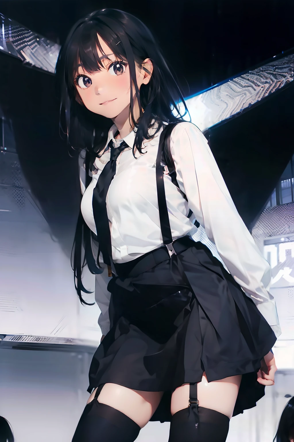 a black skirt, neck tie, Cutter shirt suspenders, Long Black Hair, Gray eyes, holster, Garter belt on the legs, hands above your head, Big breasts, Pichi Pichi clothes, both sides Dark look Behind Forehead Center