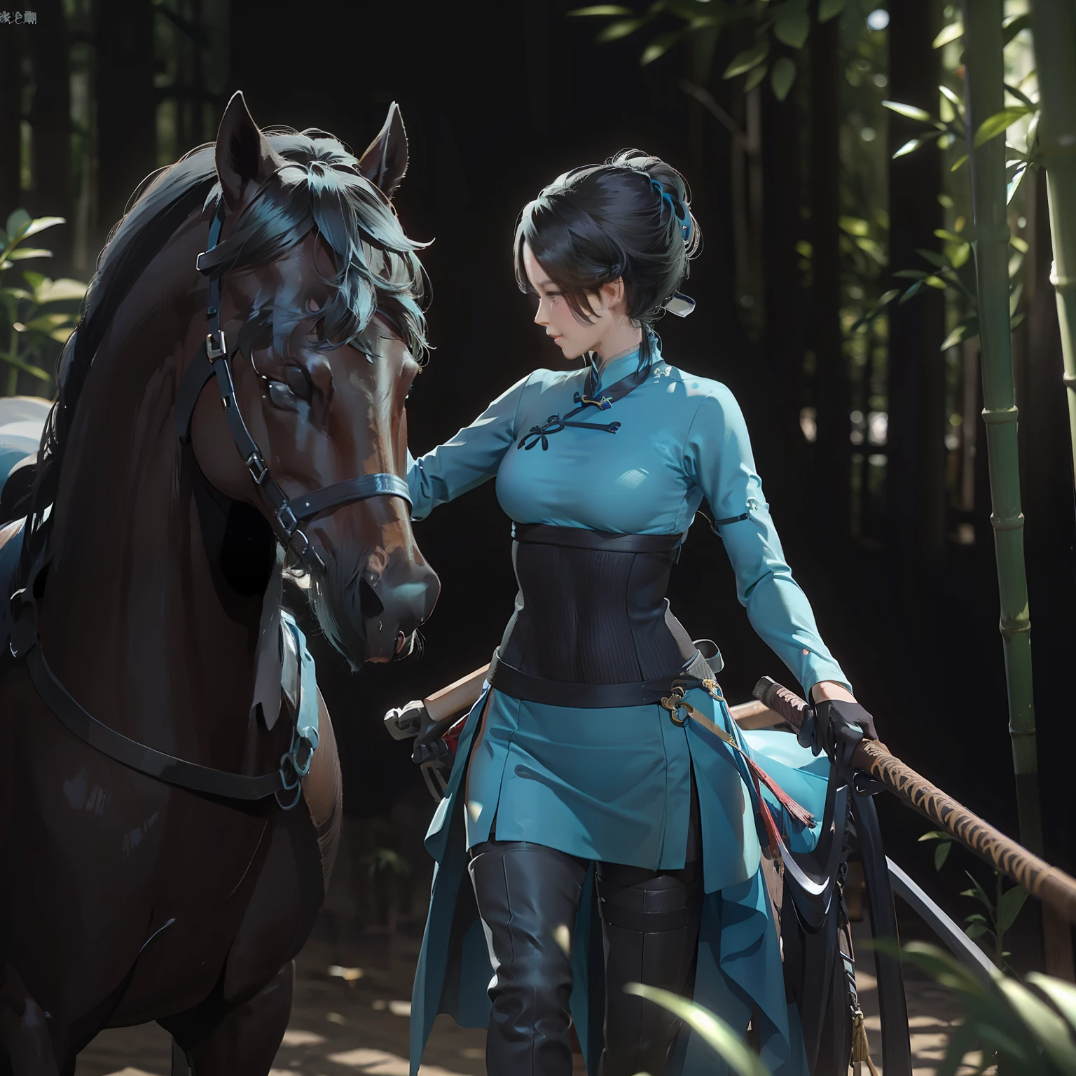 A woman on a horse,Black ponytail,Dressed in cyan Hanfu,Hanfu style is simple,The girl is beautiful,Pleasant expression,Wear a long sword at the waist,The background is in a bamboo forest,There is sunlight pouring through the gaps in the bamboo leaves