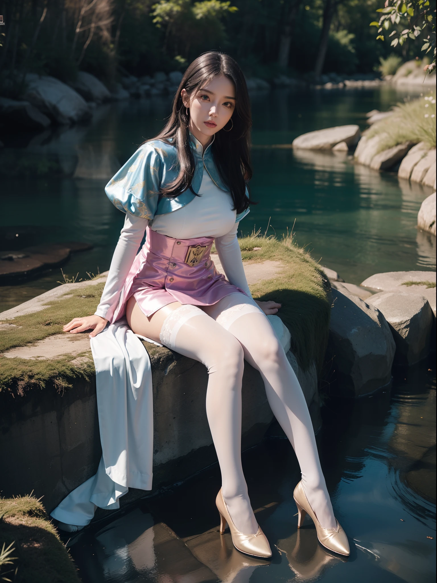 (full body:2)，(1girl:1.3),(view the viewer:1.4)，(anatomy correct:1.5),(Sitting by the creek,:1.35),(Polished Satin finish pantyhose:1.4),(A mature and sensual woman Wear printed fantasy soldiers SET and polished Uniform women's leather shoes :1.35)，(A woman with large buttocks, breasts, and a slender waist:1.4), (Light particle effect:1.3),(In pink | amarelo | blue colors| green color |red color | white colors| black in color| purplish color| greys| Beige| Flesh color 1.4)，(Glowing eyes:1.3),(Large amplitude action: 1.3)，(Accurate and perfect face:1.4),hyper HD, Ray traching, reflective light，structurally correct, Award-Awarded, high detail, lighten shade contrast, Face lighting ，cinmatic lighting, masterpiece, super detailing, high quality, high detail, best quality, 16k，High contrast,