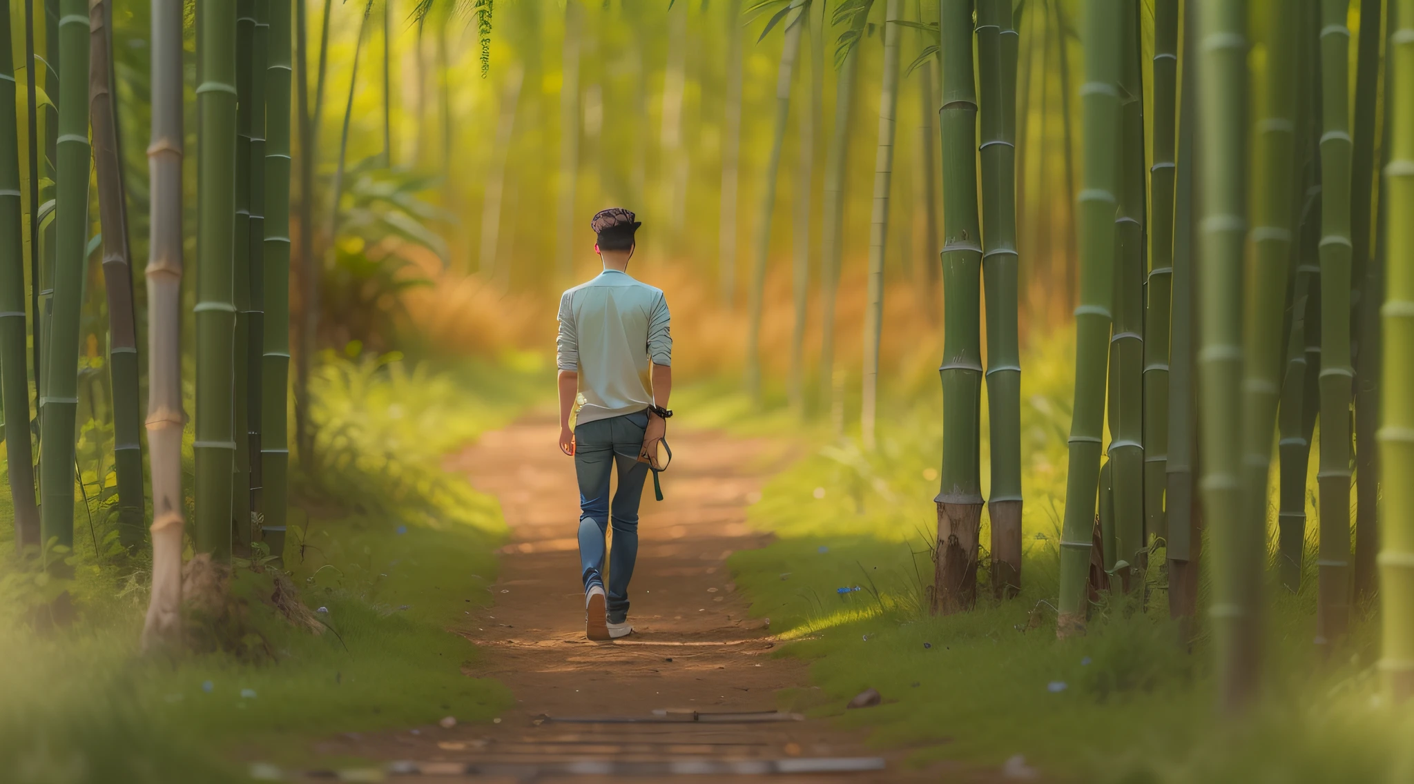 Image of a young man with Western-looking features, cabelos pretos curtos e liso, with simple and contemporary clothes,  Entrada por uma trilha em um bambuzal imponente, dense with green and yellowish colors and in the center of this bamboo a trail of ground, cores marcantes, ju, detalhista, 16k, Cinema 4D, realista.