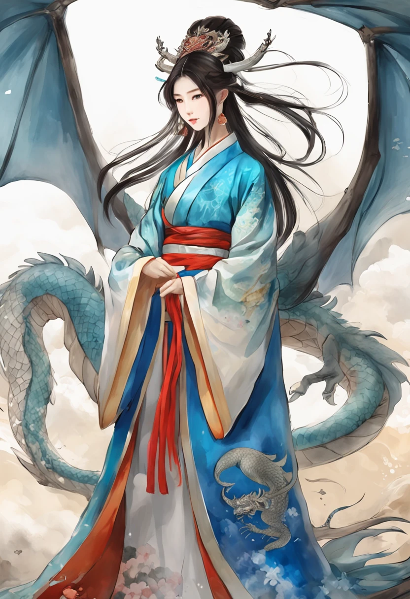 Behind it is a super giant dragon in blue, exuding sacred majesty. In front of it is a Hanfu girl with both hands clenched in fists, surreal and lifelike, 8k, with a cinematic texture