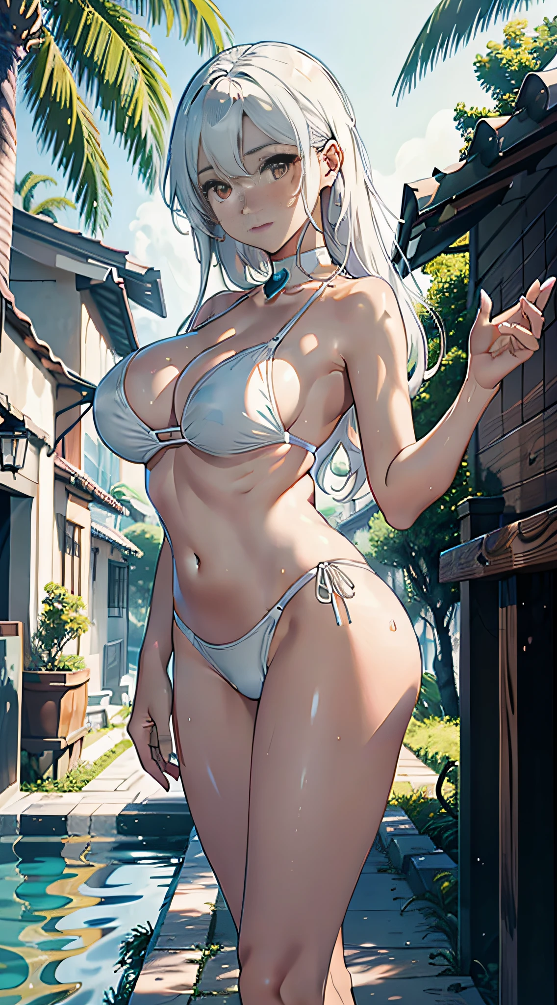 ((Masterpiece)),((Best quality)),Ultra-detailed,illustratio,Explicit,Beautiful body,Beautiful nose,Beautiful character design,Perfect eyes,Perfect face,the wallpaper,超高分辨率,4K,Photography,(Beautiful,Large breasts:1.5),(Beautiful face:1.2),Beautiful legs,Perfect legs,NSFW,full bodyesbian,NSFW,Shiny skin,Otori Maoka,1girll, Breasts, swim wears, Bikini, Solo, Mature female, White hair, Tiny micro bikini, navel, Outdoors, White bikini, Sitting, Open mouth, beach, 鎖骨, Areola Slip,Carmelto, bangs, Smile, Thighs, day, cleavage, hair between eye, Long hair, Shiny, Hands up, Shiny skin, Bare shoulders, Raised eyebrows, facingviewer, water,tree, groin, Wet, stomach, Shiny hair, String bikini, hair over shoulders, Covered , Sand, Shoulder strap pull, Curvy, Short hair,Orange eyes,