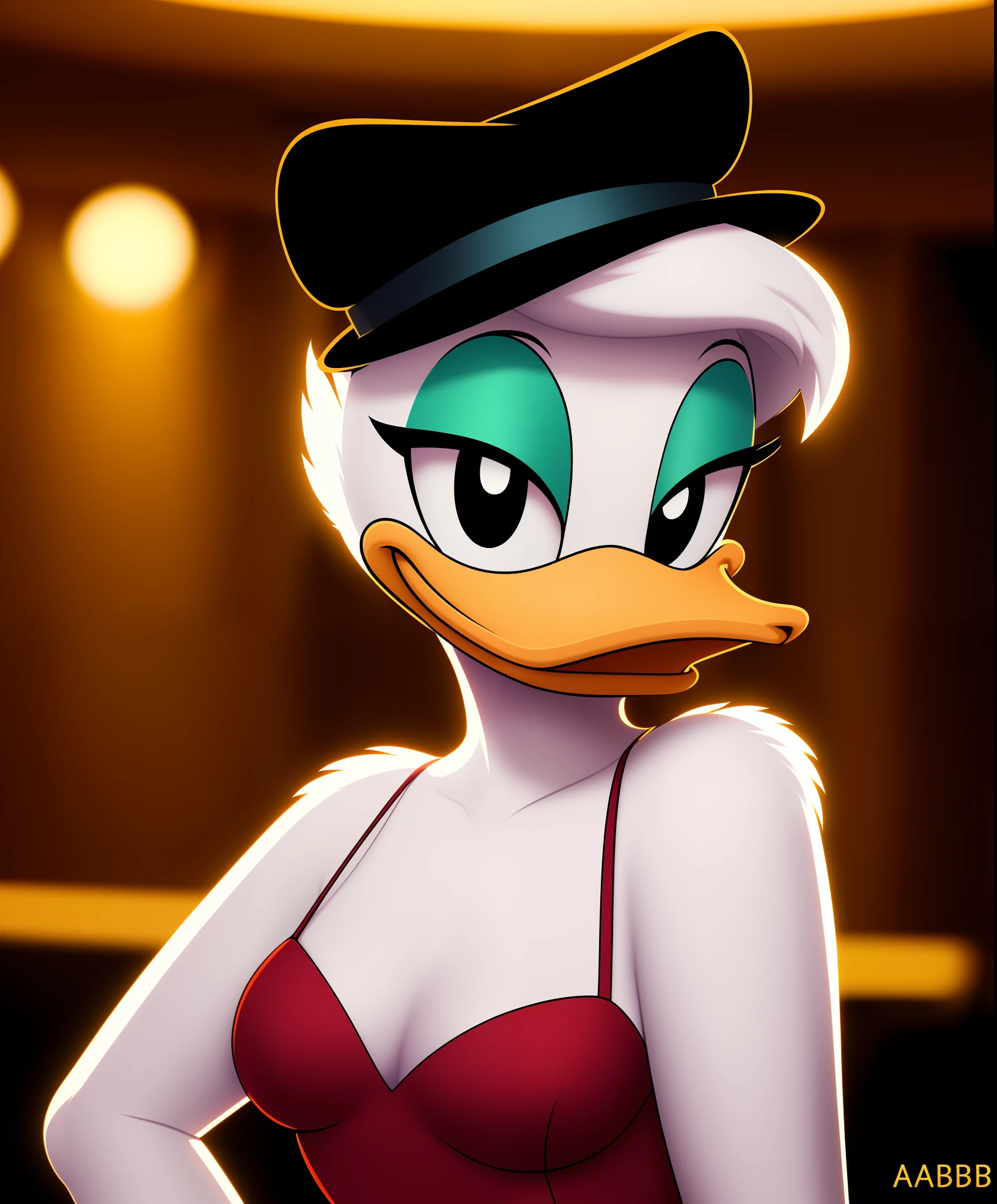 female daisy duck, detailed background, dance hall, eyeshadow, pinup,

wear red dress, from side, sexy pose, alluring,

simple black eyes, detailed, intricate, furry,

8k hd, highest quality, (detailed white fur:1.3) (soft cinematic light:1.1),(adobe lightroom:1.2), photolab, hdr, (depth of field:1.2)