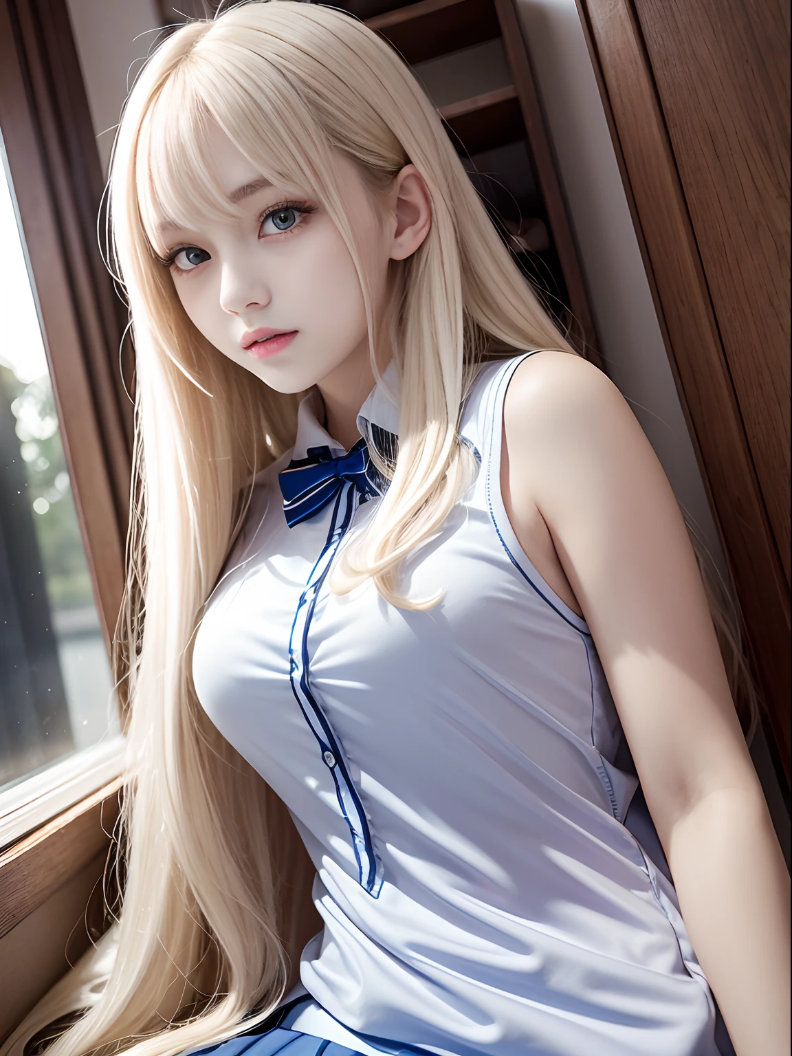 portlate、School Uniforms、bright expression、Young shiny shiny white shiny skin、Best Looks、Blonde reflected light、Platinum blonde hair with dazzling highlights、shiny light hair,、Super long silky straight hair、Beautiful bangs that shine、Glowing crystal clear attractive big blue eyes、Very beautiful nice cute 16 year old girl、Lush bust、