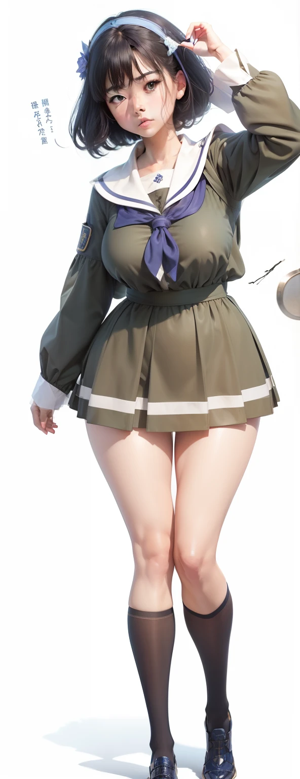 1Man Giant Woman((top-quality、8K、masterpiece:1.3))、full body Esbian、focus clear:1.2、Excellent style:1.4、masuter piece、(Realisticity: 1.2)、(Photorealsitic:1.3)、
realisitic、realisticlying、Raw foto、hyperdetailed face(short-cut、Face like an idol、perplexed look)、hyper detailed background(blue open sky、School Grounds)、Ultra-detailed costumes(Tight navy blue uniform、)、hyperdetailed body(large full breasts)、Detailed skin、Dynamic poses
