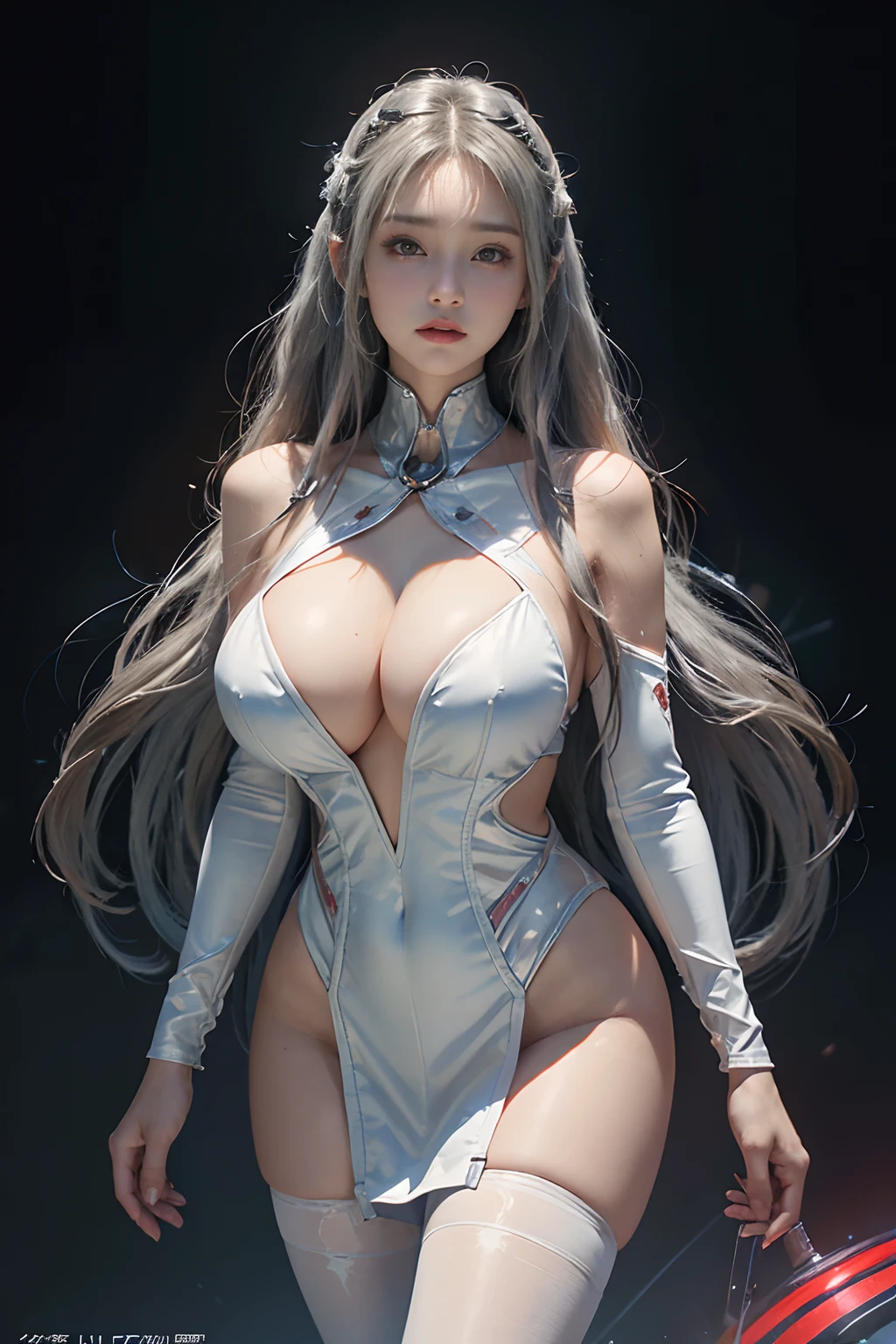 (Front Focus),Surrealist portraits of women by David Hockney and Alphonse Mucha,((ultra gigantic tits))、((Upper body naked))、(City of the Future)、Spacecraft room、((Space Colony))、( Exposed)、((wearing futuristic clothing))、Fantasyart,((Silver Long Wave Hair))、((Red and white and silver futuristic outfit))、android、wearing futuristic clothing、((Sexy Japan girl、Clothing of the near future with less fabric))、photographrealistic,动态照明,art stations,poster for,Volumetriclighting,extra detailed face,4 k'',((Colossal tits))、Sexy futuristic clothes beautifully embroidered,With diamonds,Sexy thighs,Decorated with fine near-future costumes and fine jewelry,exposing the abdomen ,Chest 1 Girl, In the Dark, deepshadow, low tune, Cowboy Shot,(official clothing:1.4), The eyes are confused and seductive,legs separated