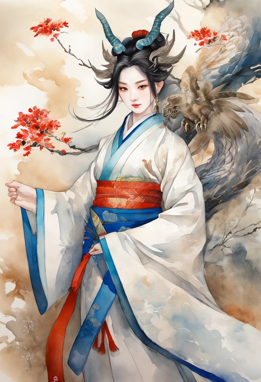 Behind it is a super dragon dressed in blue, Exudes divine majesty. In front of her was a girl in Hanfu with her hands clenched into fists, Surreal and lifelike, 8K, It has a cinematic texture