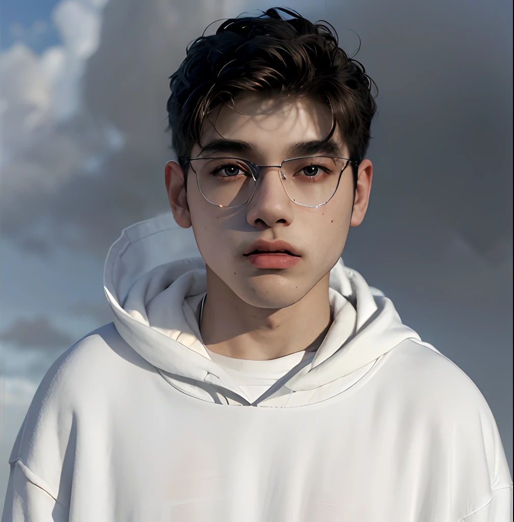 (masterpiece:1.2), (best quality:1.2), hyper realistic,highestres,absurdres,extremely detailed,volumetic,dramatic lighting,(frontal view),
20 year old boy,face,detailed eyes, white hoodie, black t-shirt, with background ((sky))