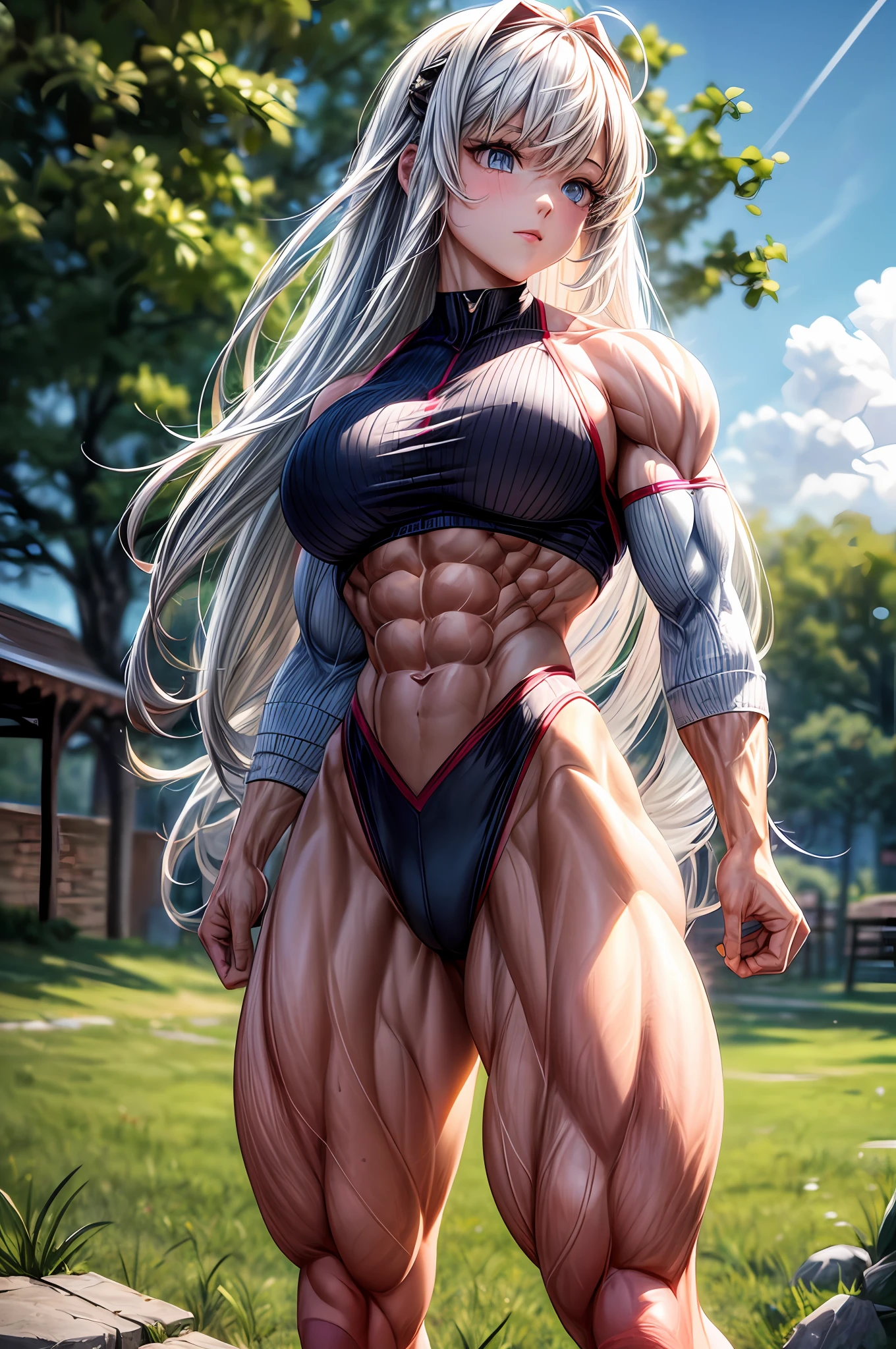 (BEST lighting) , (ultra intricately detailed) , 4K unification, (super-detailed CG: 1.2) , (8K: 1.2),(Original), (Masterpiece) , (Best quality),(Masterpiece:1.4),Anime-ish high quality,(Masterpiece),Masterpiece, Super clear picture quality,Clearer than movies,(Fine face)Best quality, absurderes,((masterpeace, 4K, 8K, Yes, A high resolution))1girll, girls,She is in the steppe,standing on your feet,Leaning sideways,Exposing the abdomen,camouflage uniform,There are bulges of dense veins on the arms,Spring, Boots, Perfect figure, Long silver hair, Dynamic pose,Legs exposed,Strong leg muscles ((body builder:1.5)),grassland background,(Beautiful bace),(Girl),(Female),(((Upper body:1)))