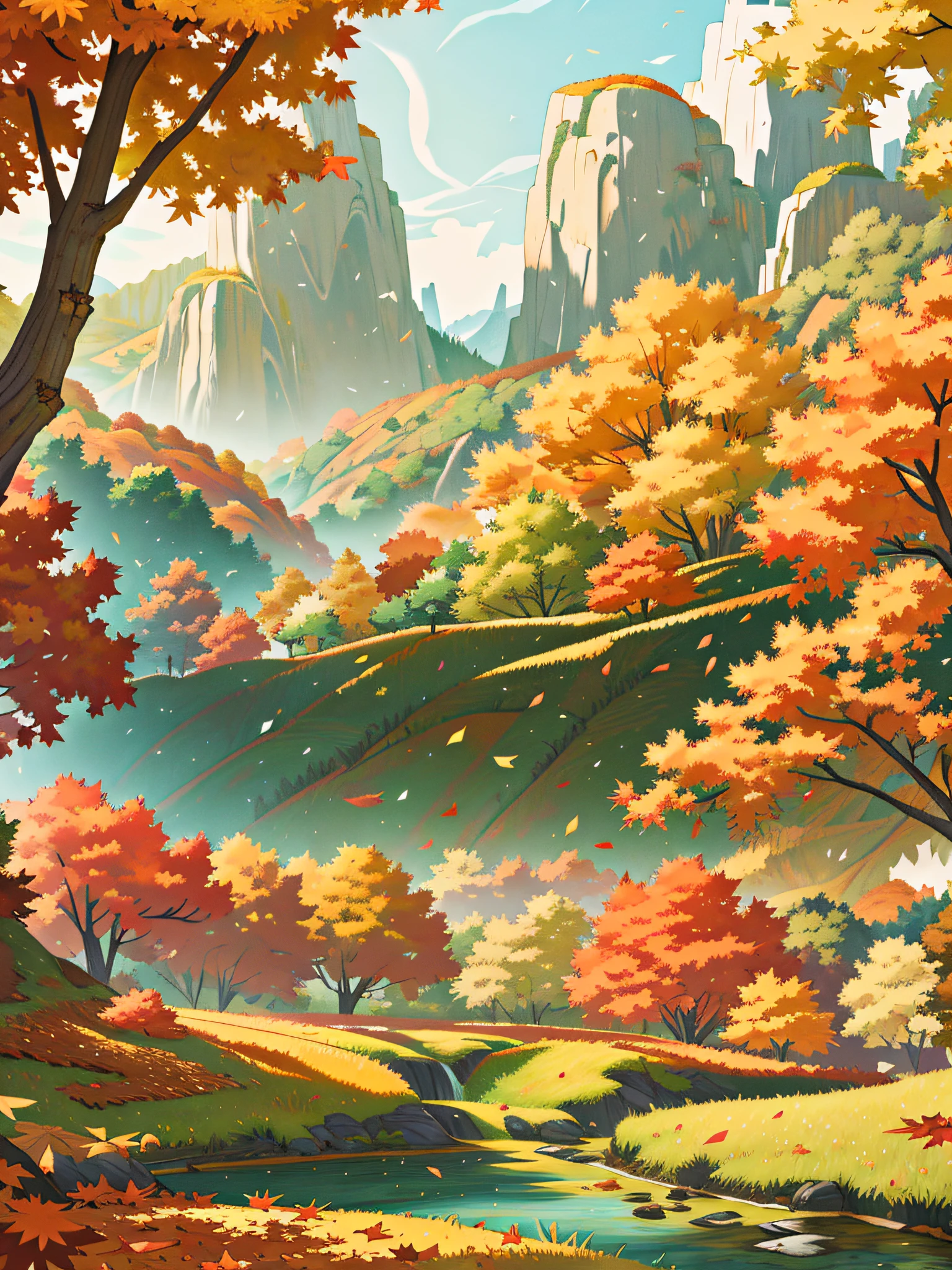 Masterpiece, Best quality, landscape, Nature, fantasy, Dreamy, Autumn leaves, River，tmasterpiece、32K image quality、autumnal、The view of the autumn leaves、Landscape painting